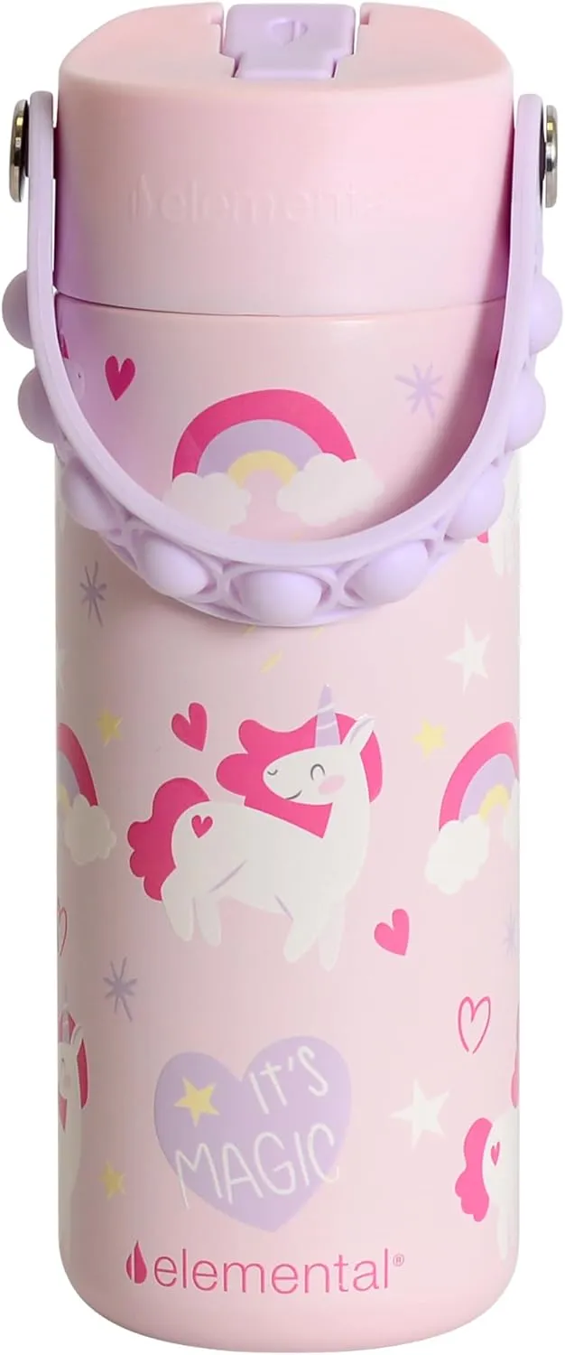 Elemental Insulated Kids Water Bottle, Stainless Steel Water Bottle with Straw Lid & Pop-It Handle, Leak-Proof Water Bottles for School, Boys or Girls, Travelling and Sports, 18oz - Unicorn Magic