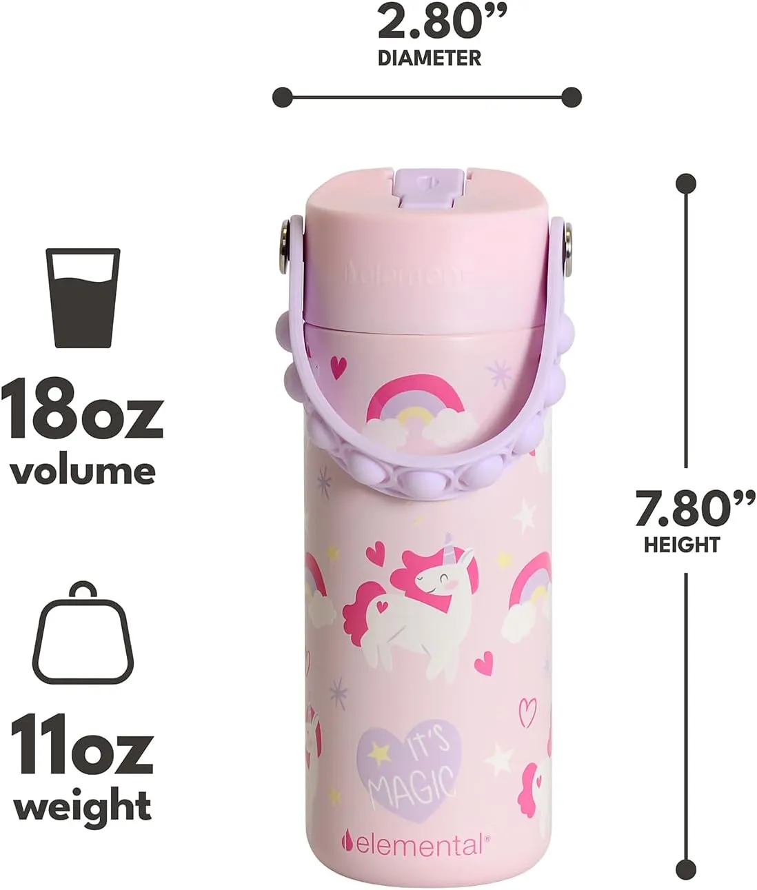 Elemental Insulated Kids Water Bottle, Stainless Steel Water Bottle with Straw Lid & Pop-It Handle, Leak-Proof Water Bottles for School, Boys or Girls, Travelling and Sports, 18oz - Unicorn Magic