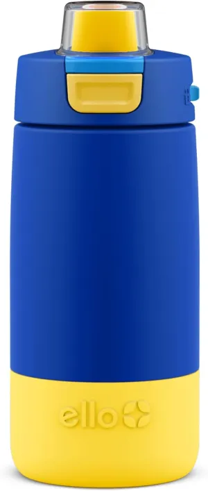 Ello Kids Colby 12oz Stainless Steel Insulated Water Bottle with Straw and Built-In Silicone Coaster Carrying Handle and Leak-Proof Locking Lid for School Backpack, Lunchbox, and Outdoor Sports