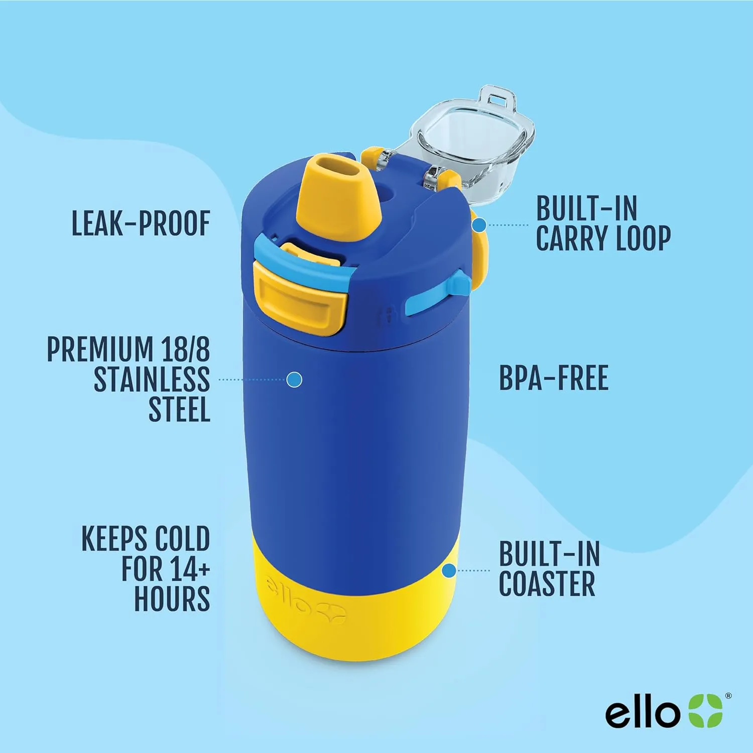 Ello Kids Colby 12oz Stainless Steel Insulated Water Bottle with Straw and Built-In Silicone Coaster Carrying Handle and Leak-Proof Locking Lid for School Backpack, Lunchbox, and Outdoor Sports