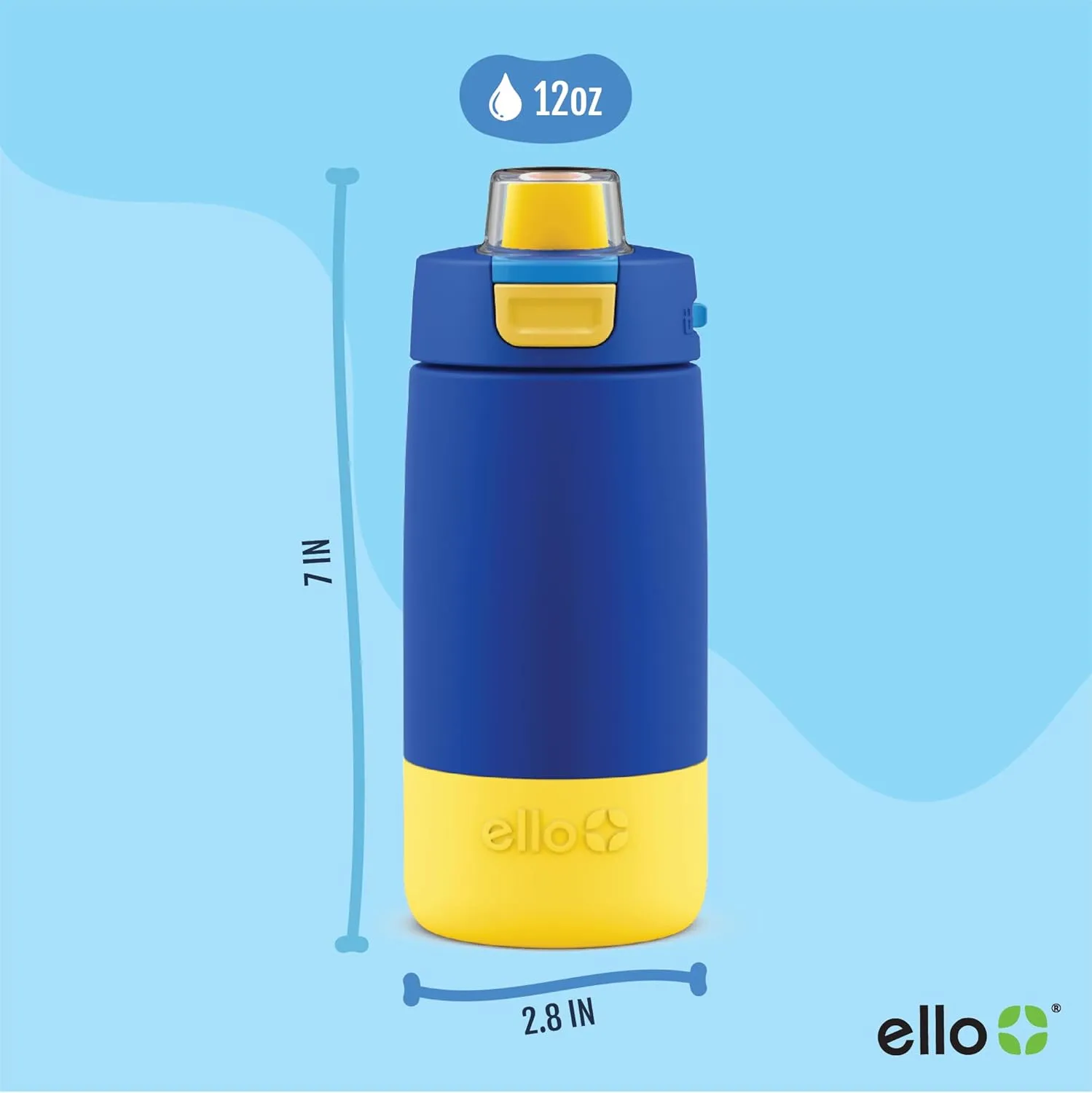 Ello Kids Colby 12oz Stainless Steel Insulated Water Bottle with Straw and Built-In Silicone Coaster Carrying Handle and Leak-Proof Locking Lid for School Backpack, Lunchbox, and Outdoor Sports
