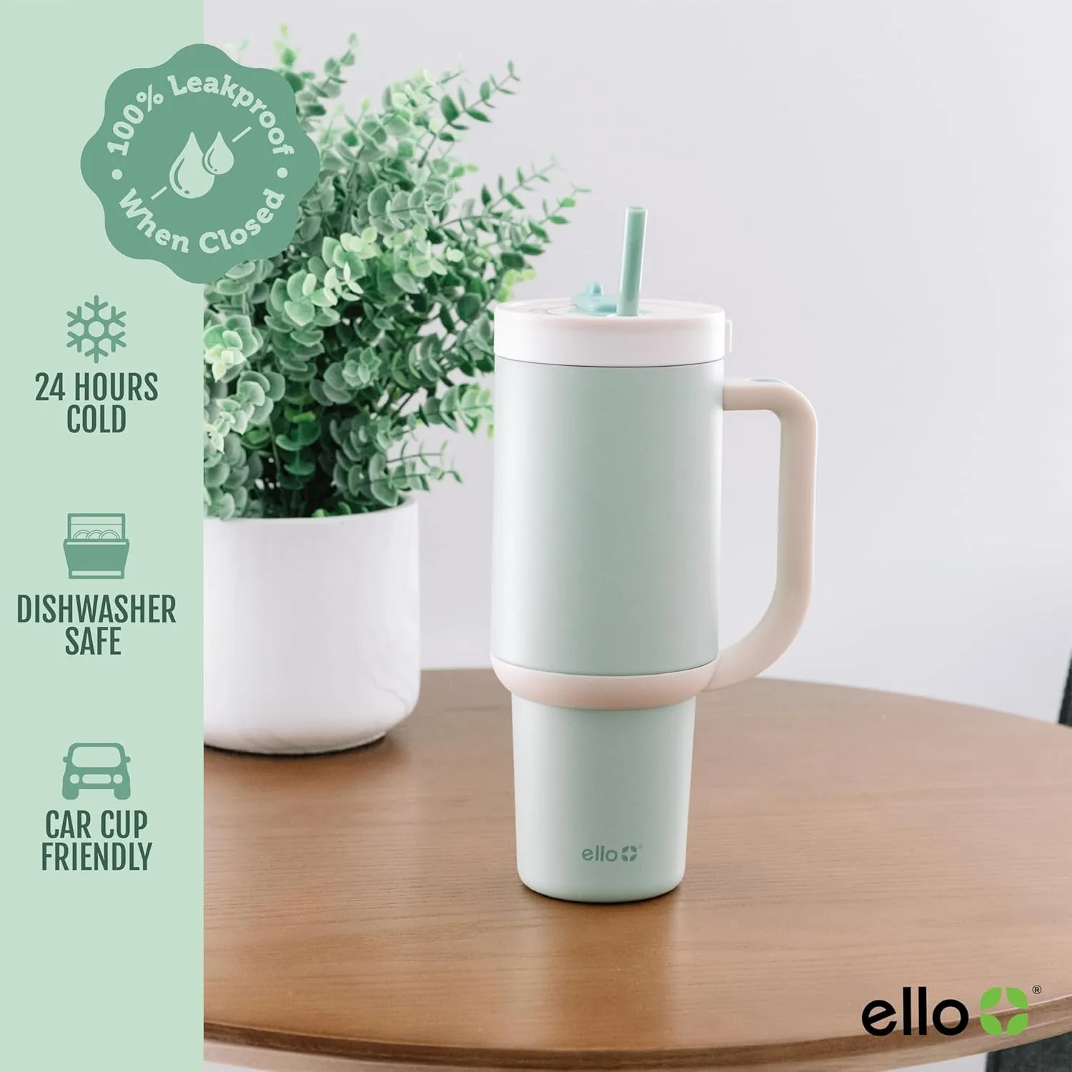 Ello Oasis Tumbler with Handle & Retracting Straw | Reusable Insulated Stainless Steel Cup 100% Leakproof, Gifts for Teens Women Men | Keeps cold for 24 Hours, 40oz 30oz Cup Holder Friendly