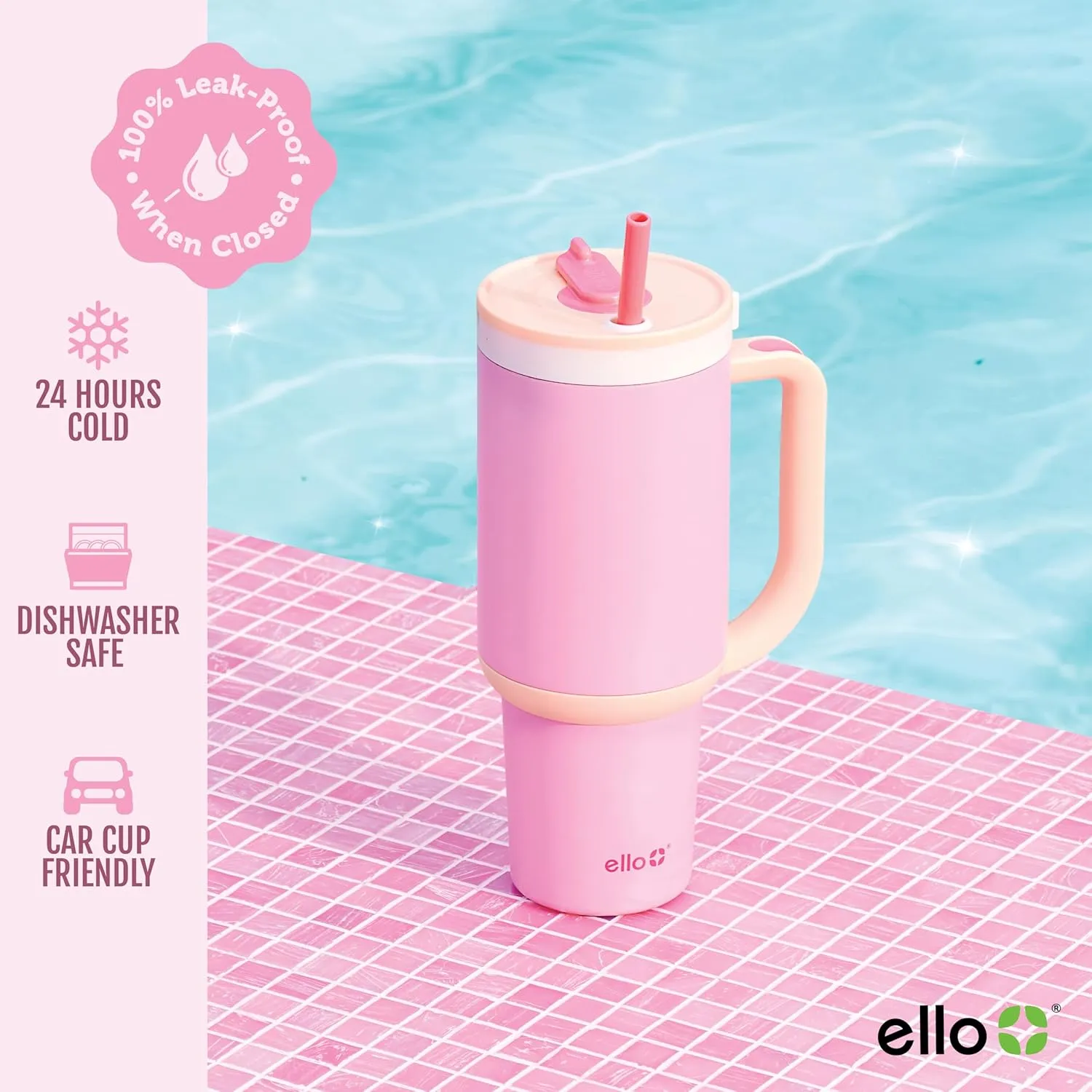 Ello Oasis Tumbler with Handle & Retracting Straw | Reusable Insulated Stainless Steel Cup 100% Leakproof, Gifts for Teens Women Men | Keeps cold for 24 Hours, 40oz 30oz Cup Holder Friendly
