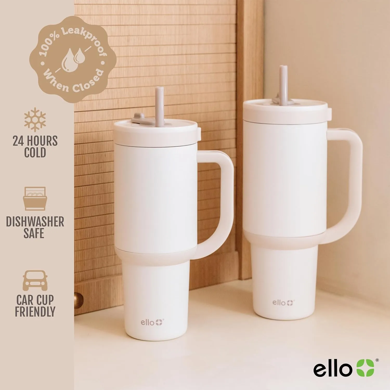 Ello Oasis Tumbler with Handle & Retracting Straw | Reusable Insulated Stainless Steel Cup 100% Leakproof, Gifts for Teens Women Men | Keeps cold for 24 Hours, 40oz 30oz Cup Holder Friendly