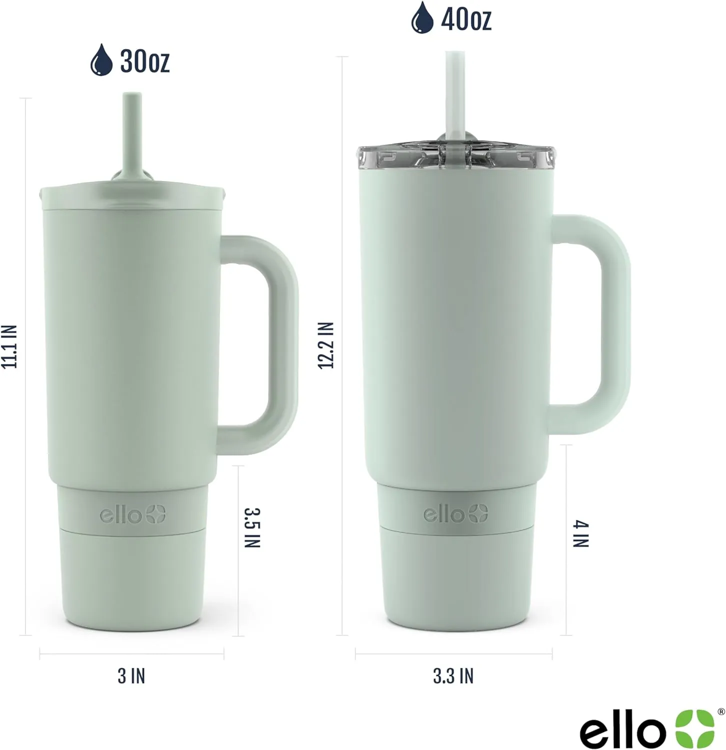 Ello Port 30oz Tumbler with Carry Loop & Integrated Handle | Vacuum Insulated Stainless Steel Reusable Water Bottle Travel Mug | Leak Proof Lid | Flexible Straw | BPA-Free | Dishwasher Safe | Sage