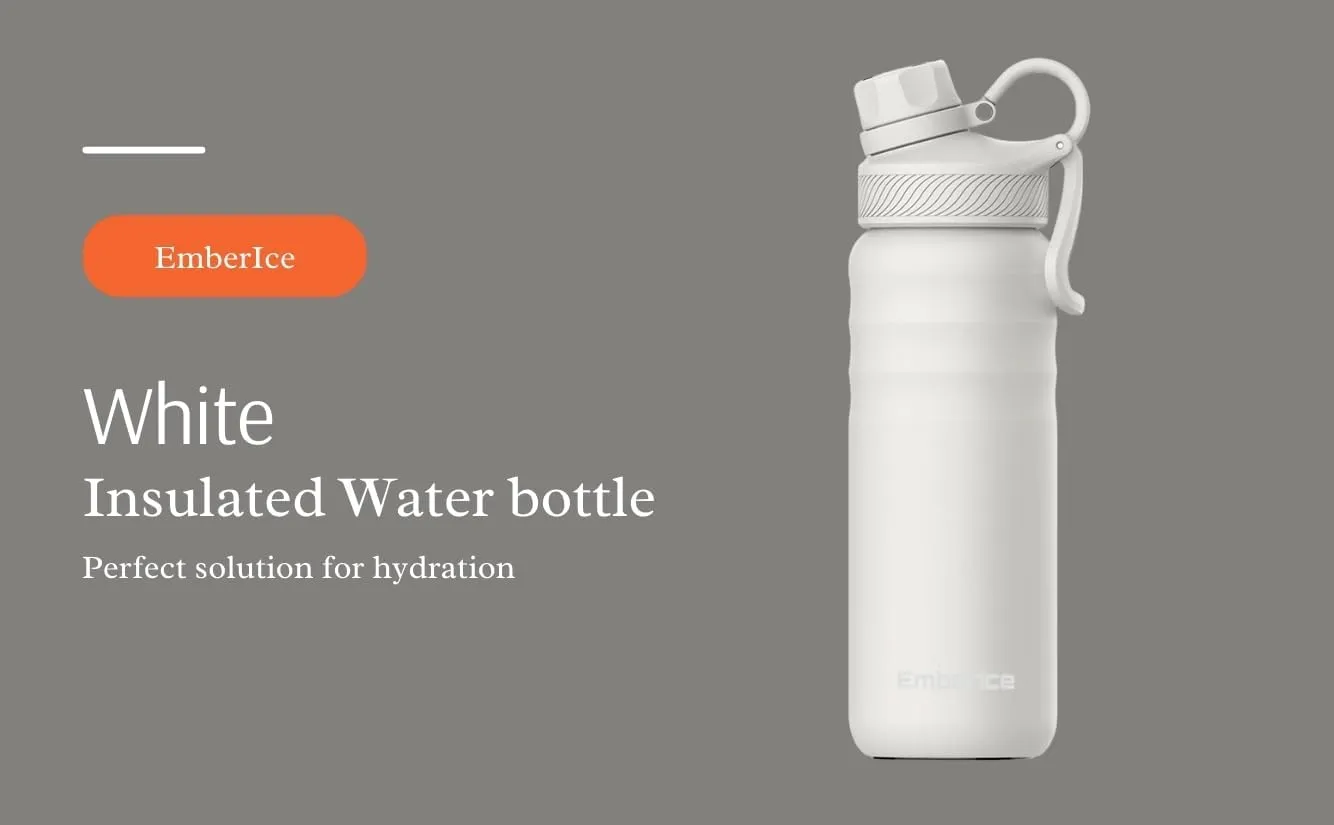 EmberIce double wall Insulated Stainless Steel Water Bottle with Straw, Lid, 12hr Hot and 24hr Cold Drinks, 24 oz (White, 24 oz)