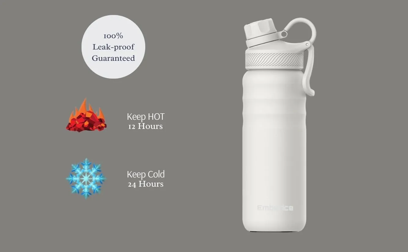 EmberIce double wall Insulated Stainless Steel Water Bottle with Straw, Lid, 12hr Hot and 24hr Cold Drinks, 24 oz (White, 24 oz)