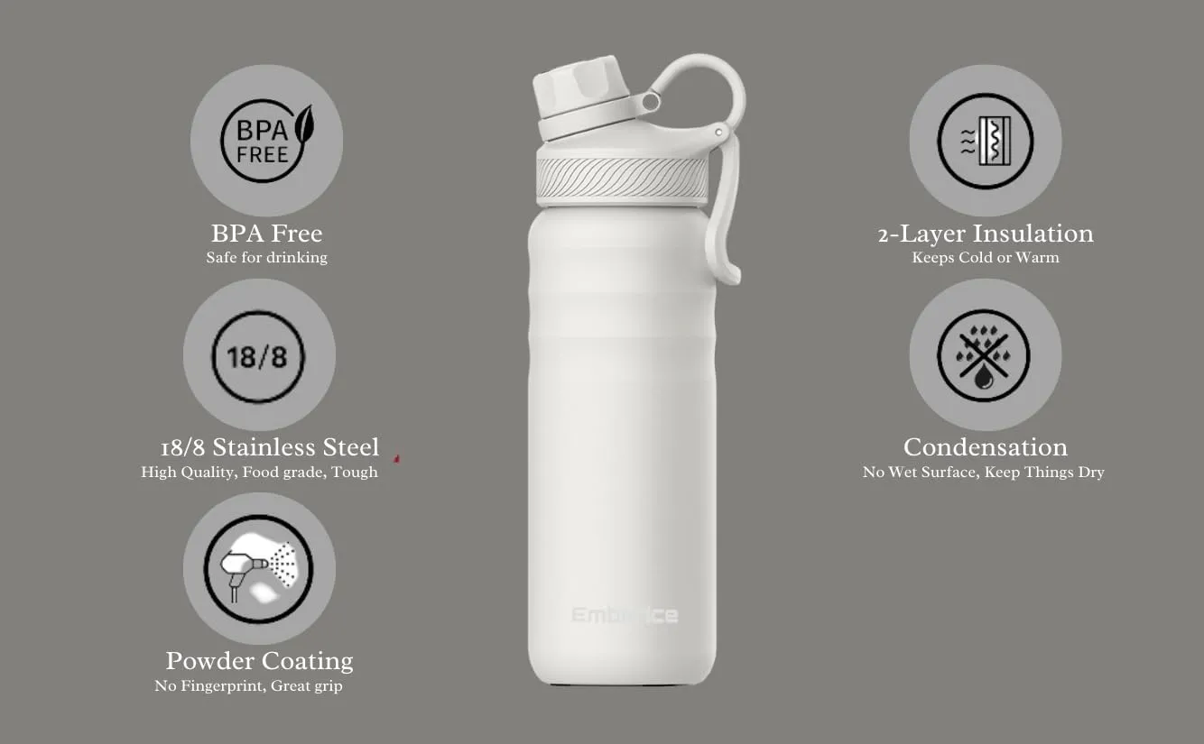 EmberIce double wall Insulated Stainless Steel Water Bottle with Straw, Lid, 12hr Hot and 24hr Cold Drinks, 24 oz (White, 24 oz)