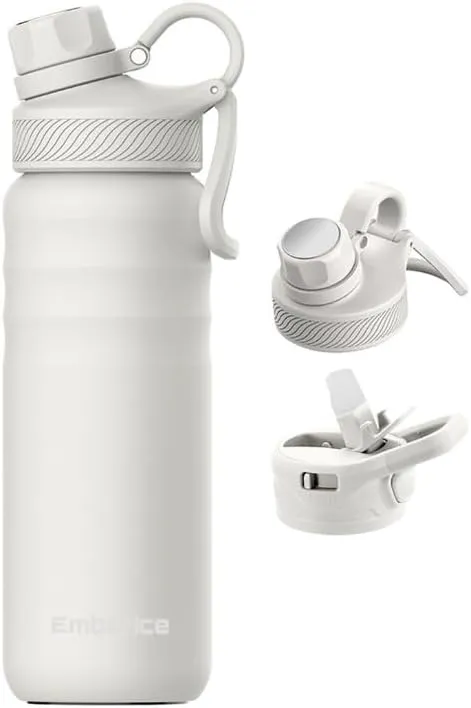 EmberIce double wall Insulated Stainless Steel Water Bottle with Straw, Lid, 12hr Hot and 24hr Cold Drinks, 24 oz (White, 24 oz)
