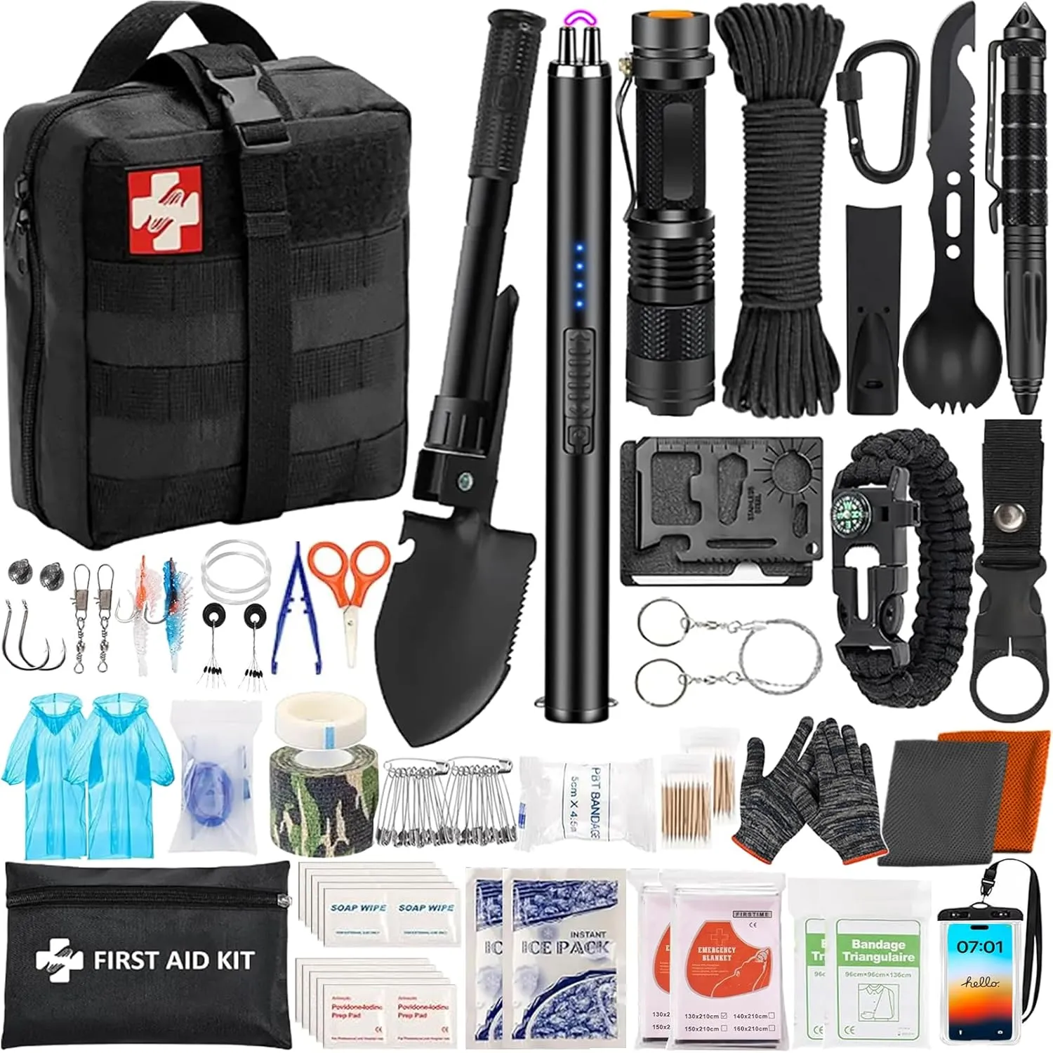 Emergency Survival Kit, 144pcs Survival Gear with Molle Pouch for Camping Hiking for Men