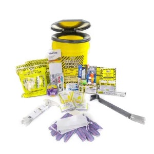 Emergency Survival Kit Bucket - Deluxe - 2 Person - 2400 Calorie Food Bars, Solar Blankets, Water Pouches, Ponchos, First Aid Kit, Dynamo Flashlight/Radio