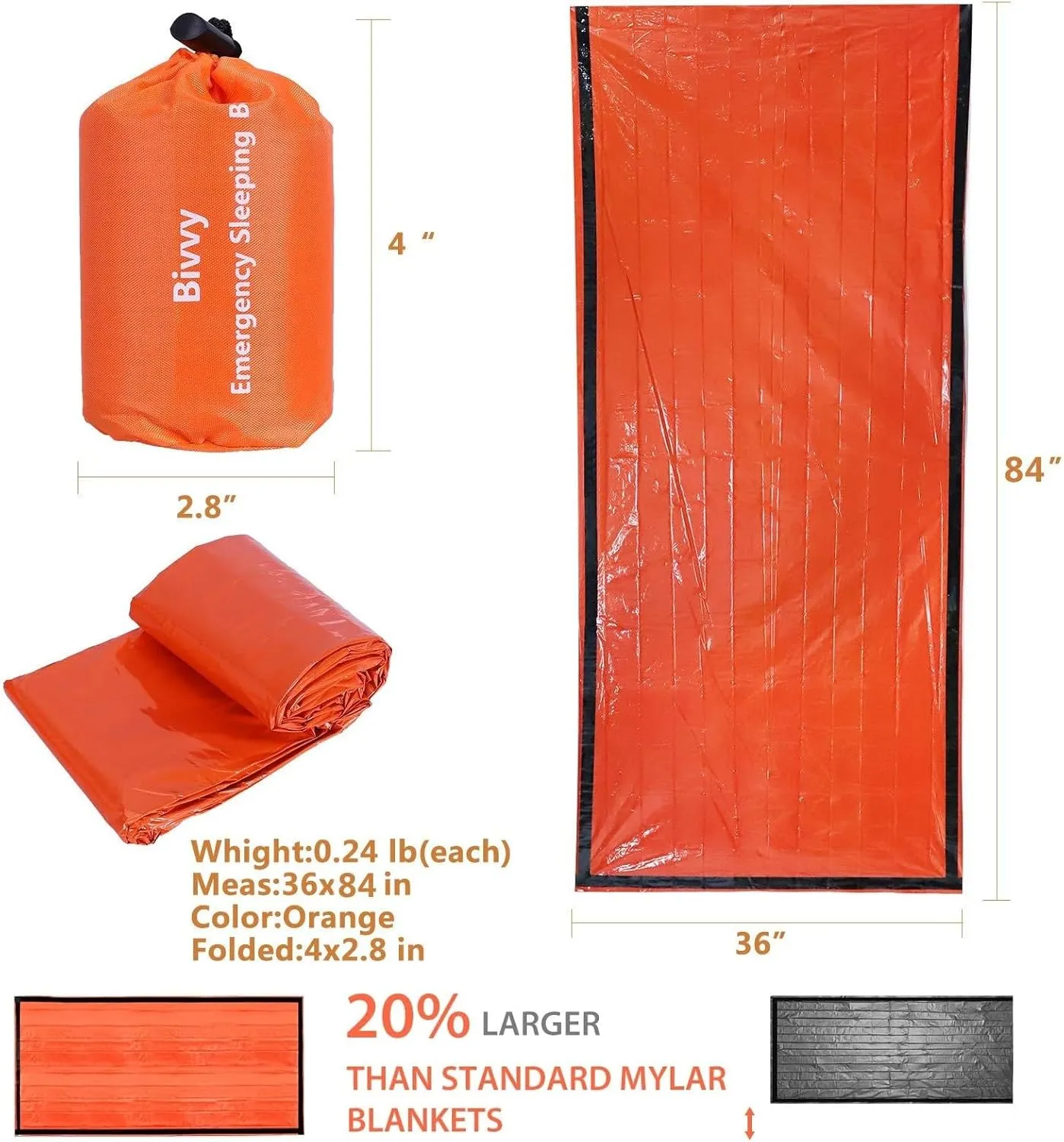 Emergency Thermal Sleeping Bag, Survival Bivvy Sacks Blanket with Whistle, Waterproof Lightweight Survival Shelter Blanket Bag Gear for Outdoor Hiking Camping Advanture Multi