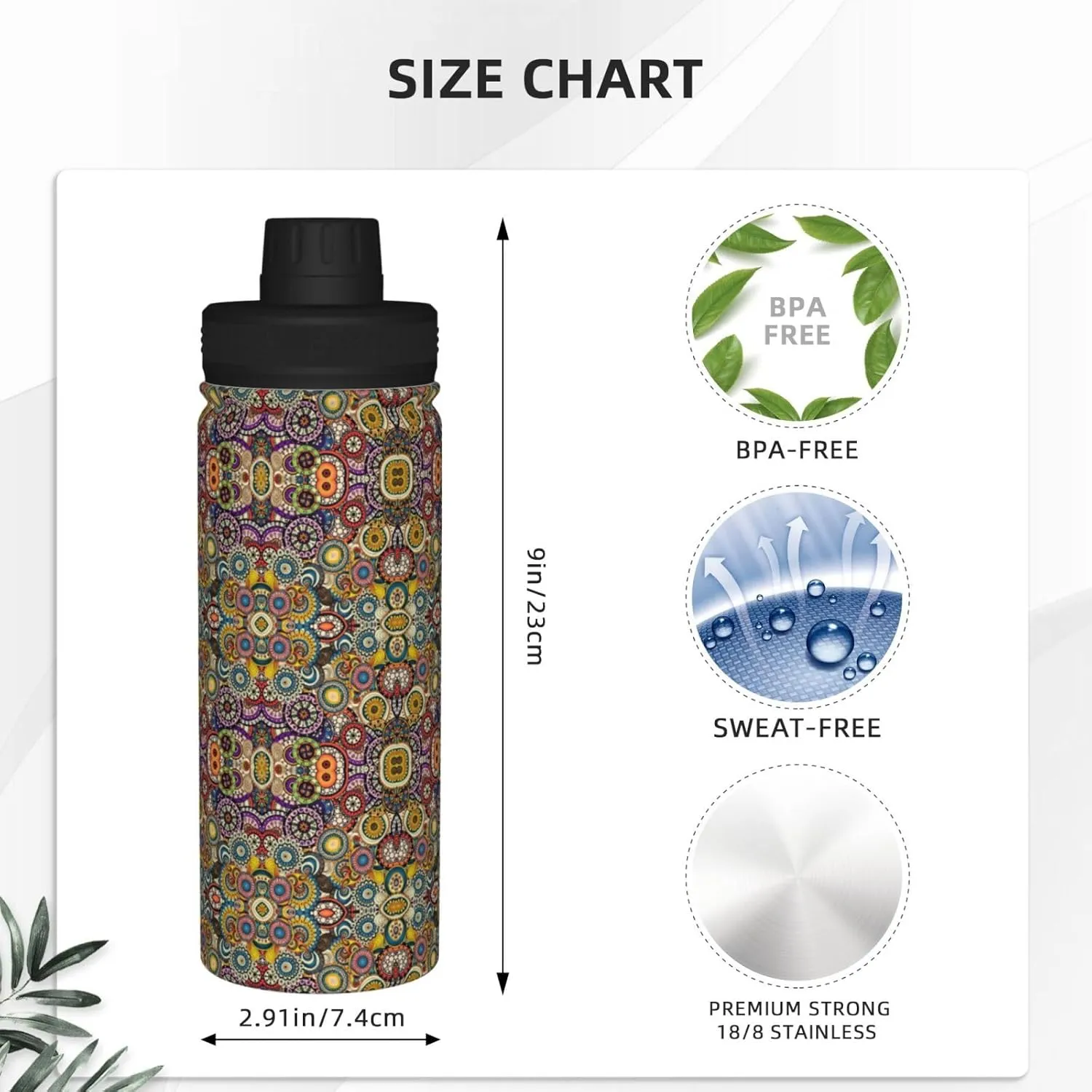 Ethnic Circles Floral Pattern 18oz Sports Insulated Bottle For Outdoor Activities,Your Ideal Companion Staying Hydrated