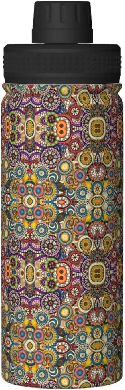 Ethnic Circles Floral Pattern 18oz Sports Insulated Bottle For Outdoor Activities,Your Ideal Companion Staying Hydrated