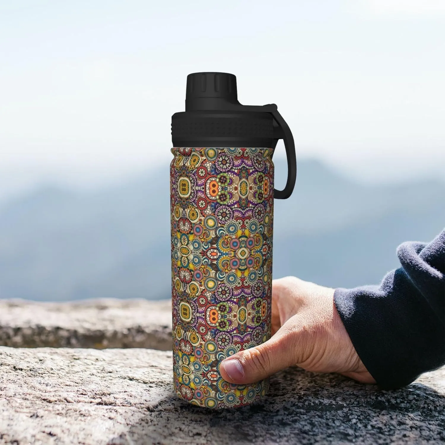 Ethnic Circles Floral Pattern 18oz Sports Insulated Bottle For Outdoor Activities,Your Ideal Companion Staying Hydrated