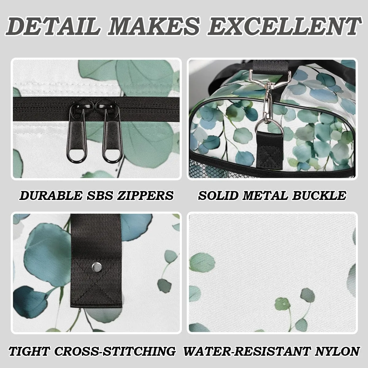 Eucalyptus Leaves Travel Duffle Bag for Women Men Foldable Waterproof Weekender Bag Carry on Tote for Overnight Sports Gym Sage Green Spring Floral