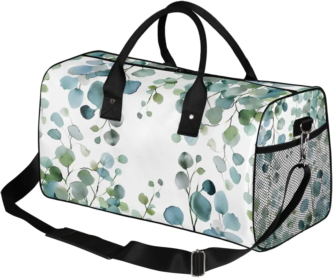 Eucalyptus Leaves Travel Duffle Bag for Women Men Foldable Waterproof Weekender Bag Carry on Tote for Overnight Sports Gym Sage Green Spring Floral