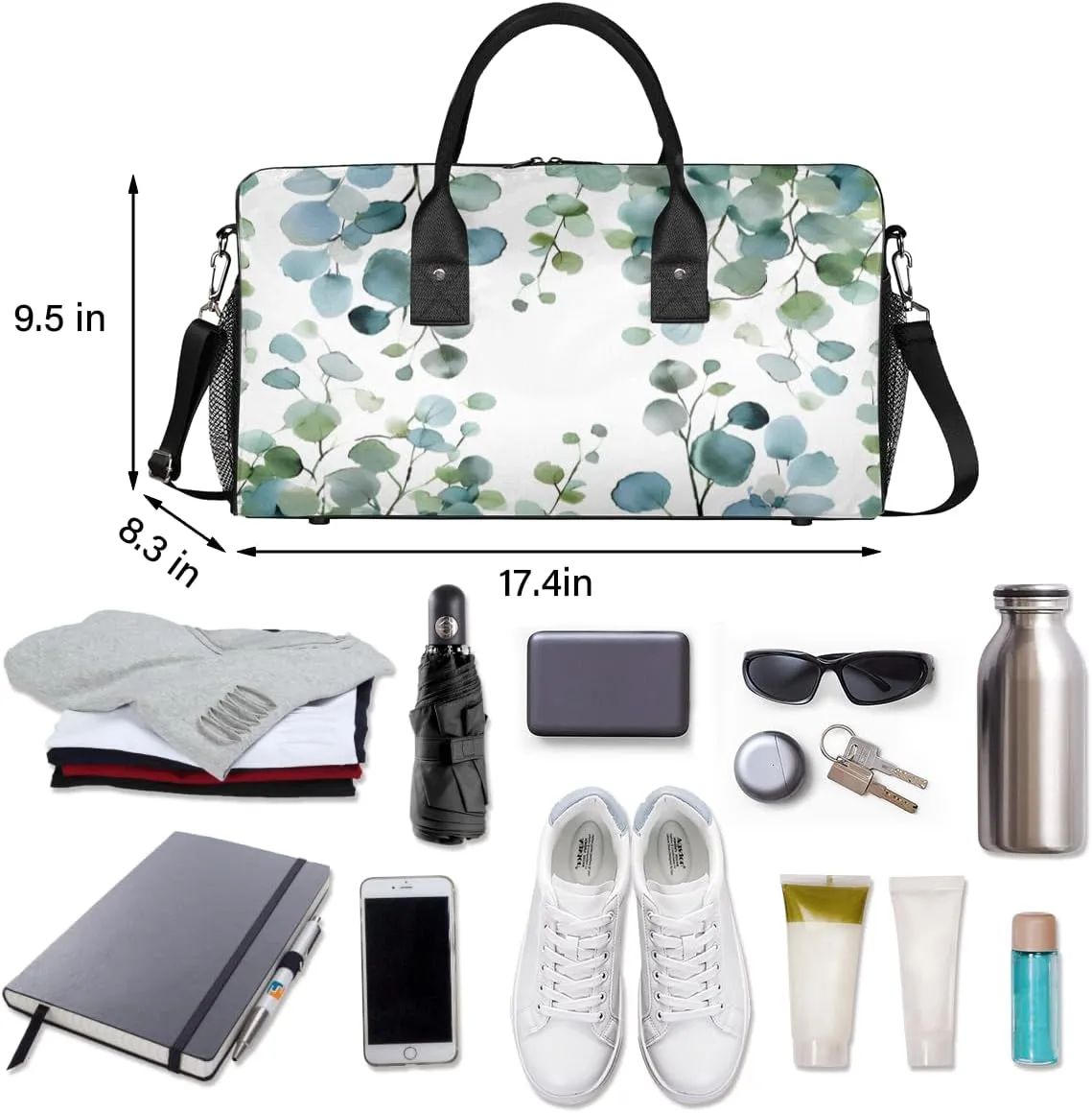 Eucalyptus Leaves Travel Duffle Bag for Women Men Foldable Waterproof Weekender Bag Carry on Tote for Overnight Sports Gym Sage Green Spring Floral