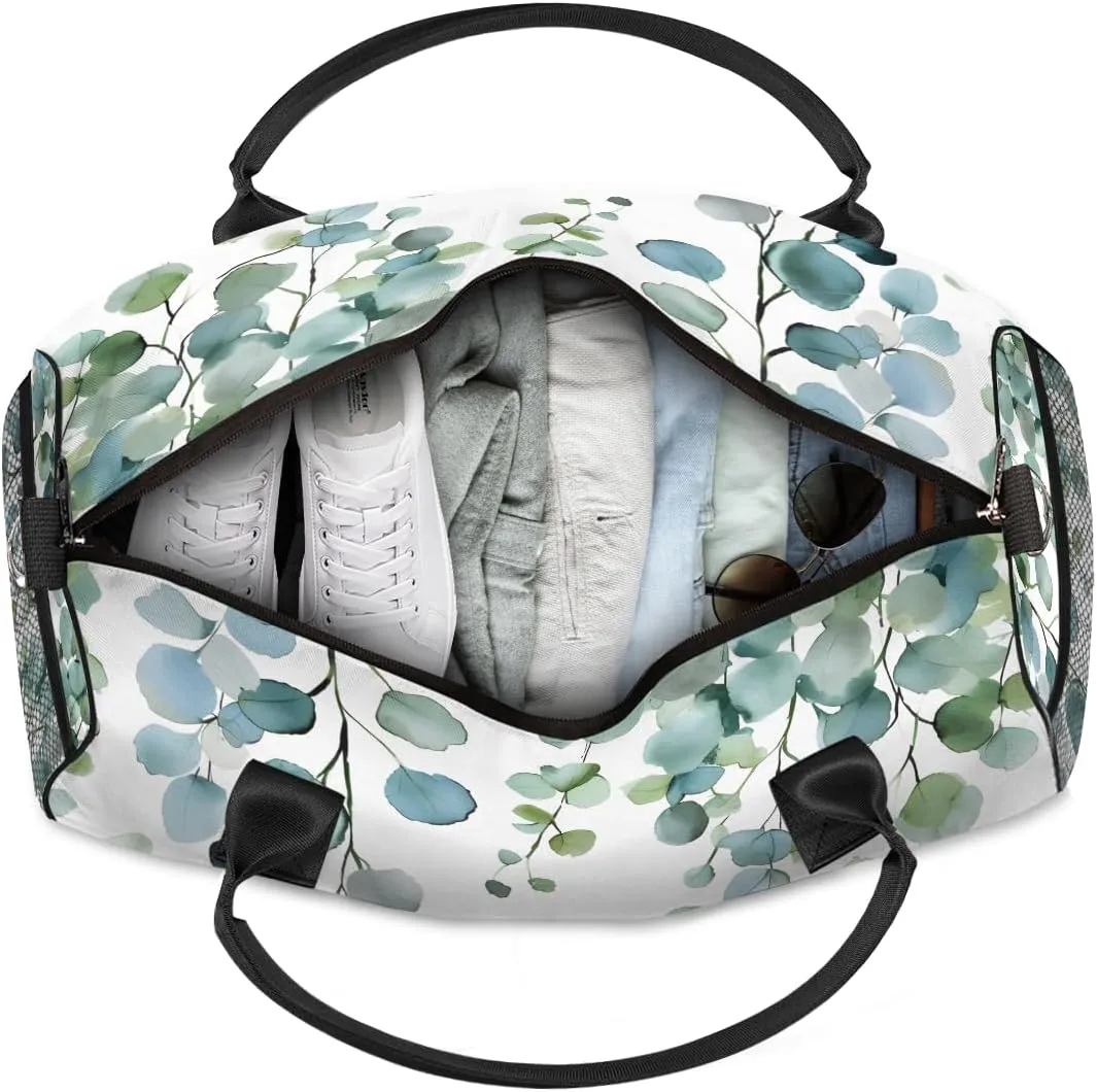 Eucalyptus Leaves Travel Duffle Bag for Women Men Foldable Waterproof Weekender Bag Carry on Tote for Overnight Sports Gym Sage Green Spring Floral