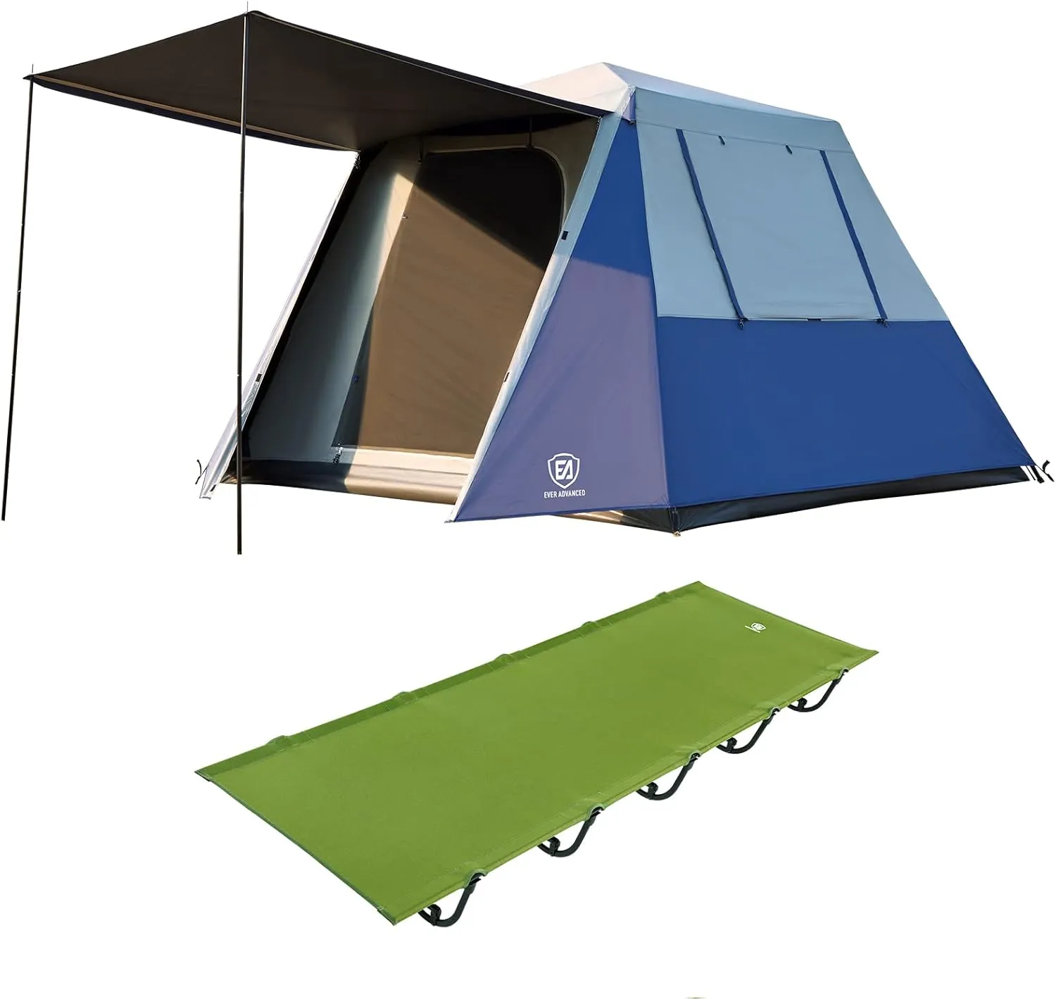 EVER ADVANCED 6 Person Cmping Blackout Tent with Vestibule and Camping Cot (Green)