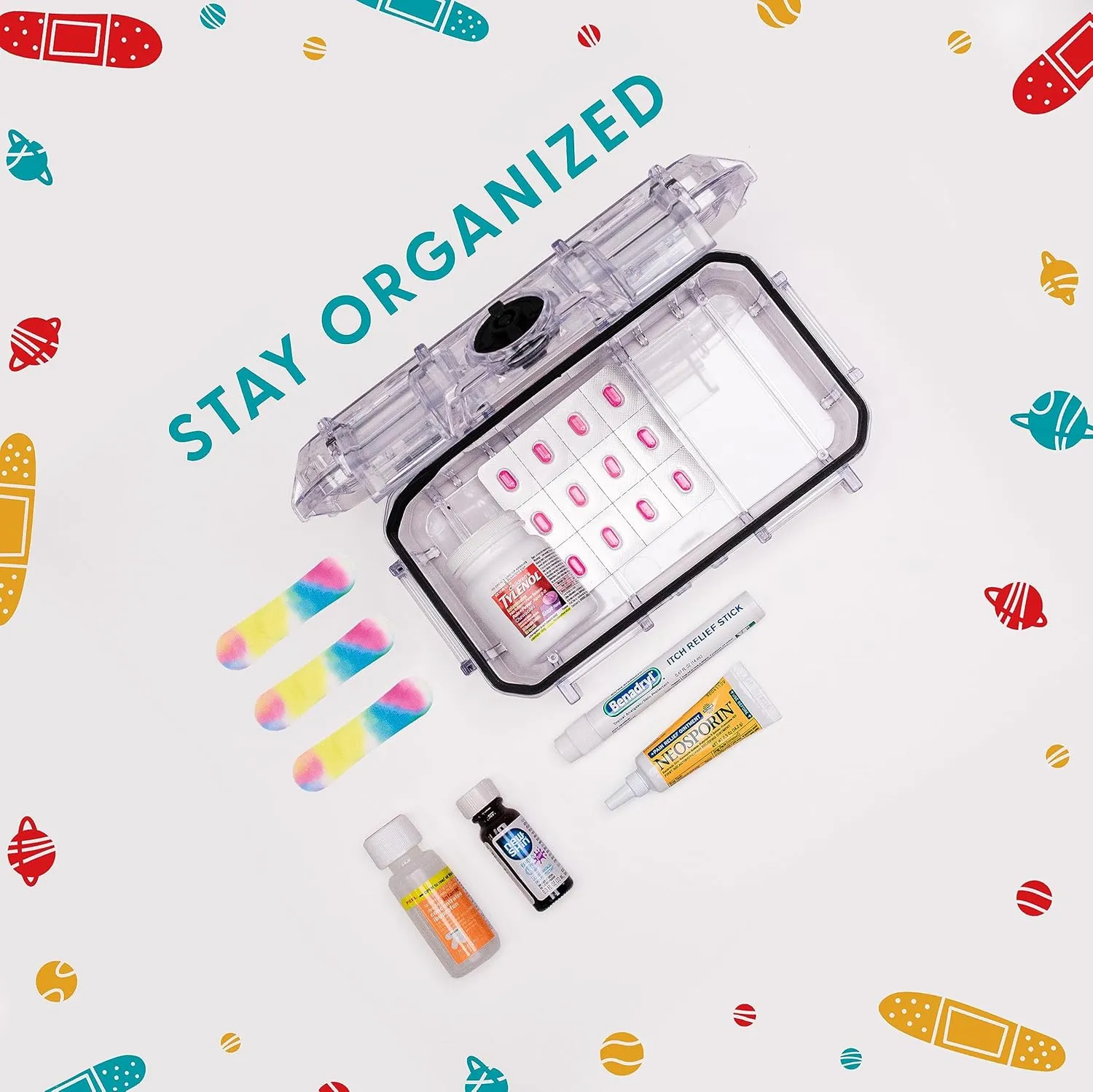 Evergreen X Seahorse 56 Medication Lock Box - Medium, First Aid Kit, Childproof, Empty Lockable Medicine Box to Store Medications, Diabetic Supplies. NO SUPPLIES INCLUDED (Clear   Squiggle)