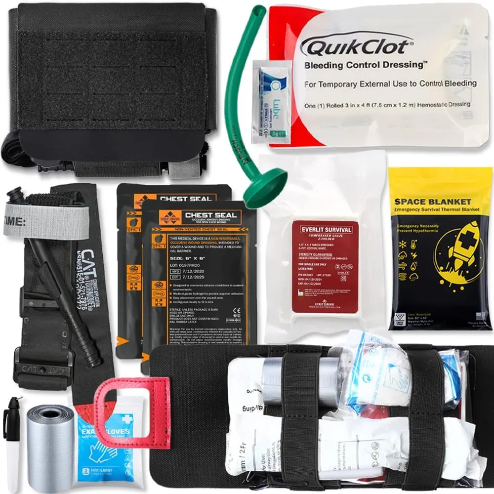 EVERLIT Rapid Aid Trauma Sleeve(Rats) EDC Trauma Kit, CAT GEN-7 Tourniquet QuikClot Gauze CE, Military Tactical IFAK for Bleeding Control (Black)
