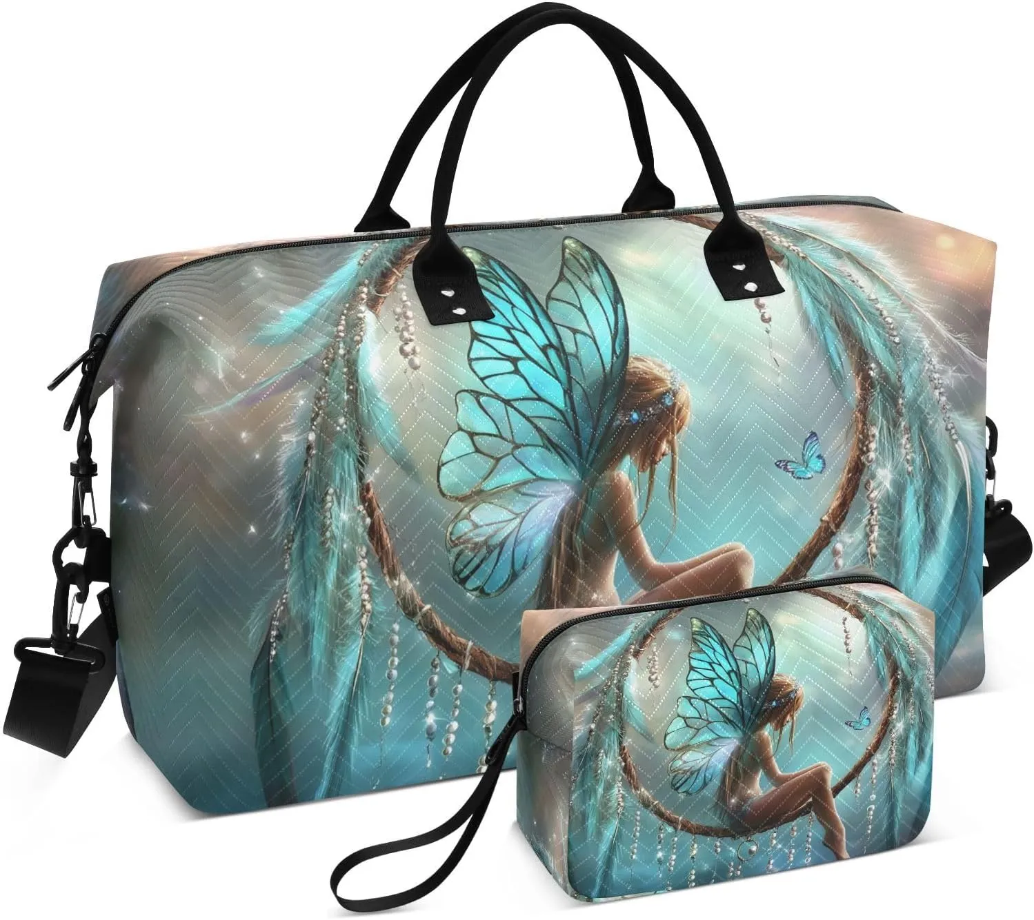 Fairy Dreamcatcher Wings Duffel Bag for Traveling, Travel Bag Gym Bag, with Multiple Interior Pockets Shoulder Weekender Bag for Women Men with Toiletry Bag 20.5L x 7.9W x 13.8H