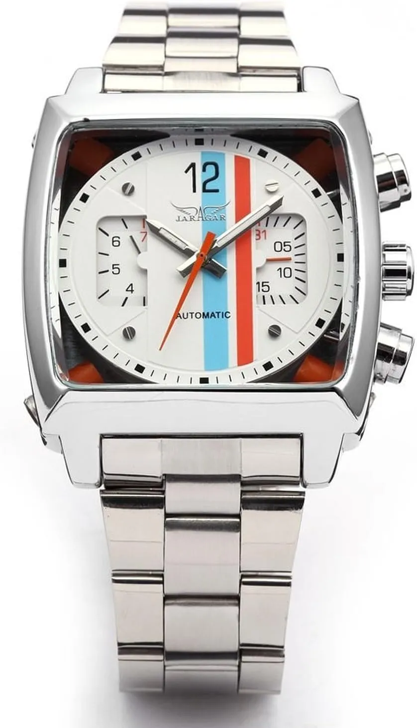 FANMIS Mens Automatic Analog Oblong Date Silver Stainless Steel Wrist Watch Business Luminous Watch