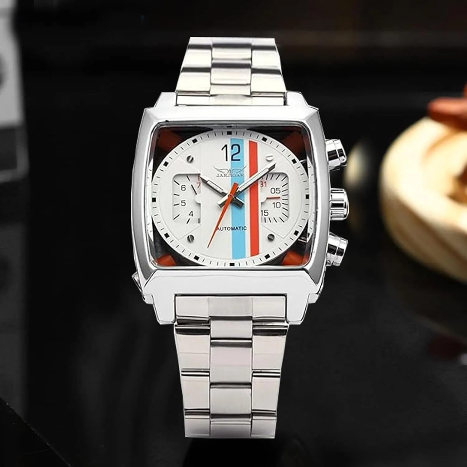 FANMIS Mens Automatic Analog Oblong Date Silver Stainless Steel Wrist Watch Business Luminous Watch