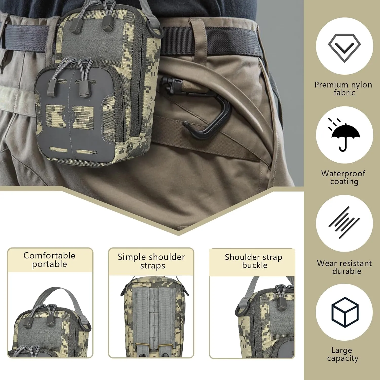 Fanny Pack for Men, Multifunction Belt Pouch Shoulder Waist Bag for Storage Waterproof Nylon Phone Case for Outdoor, Camping, Hiking, Tactics (ACU Camouflage)
