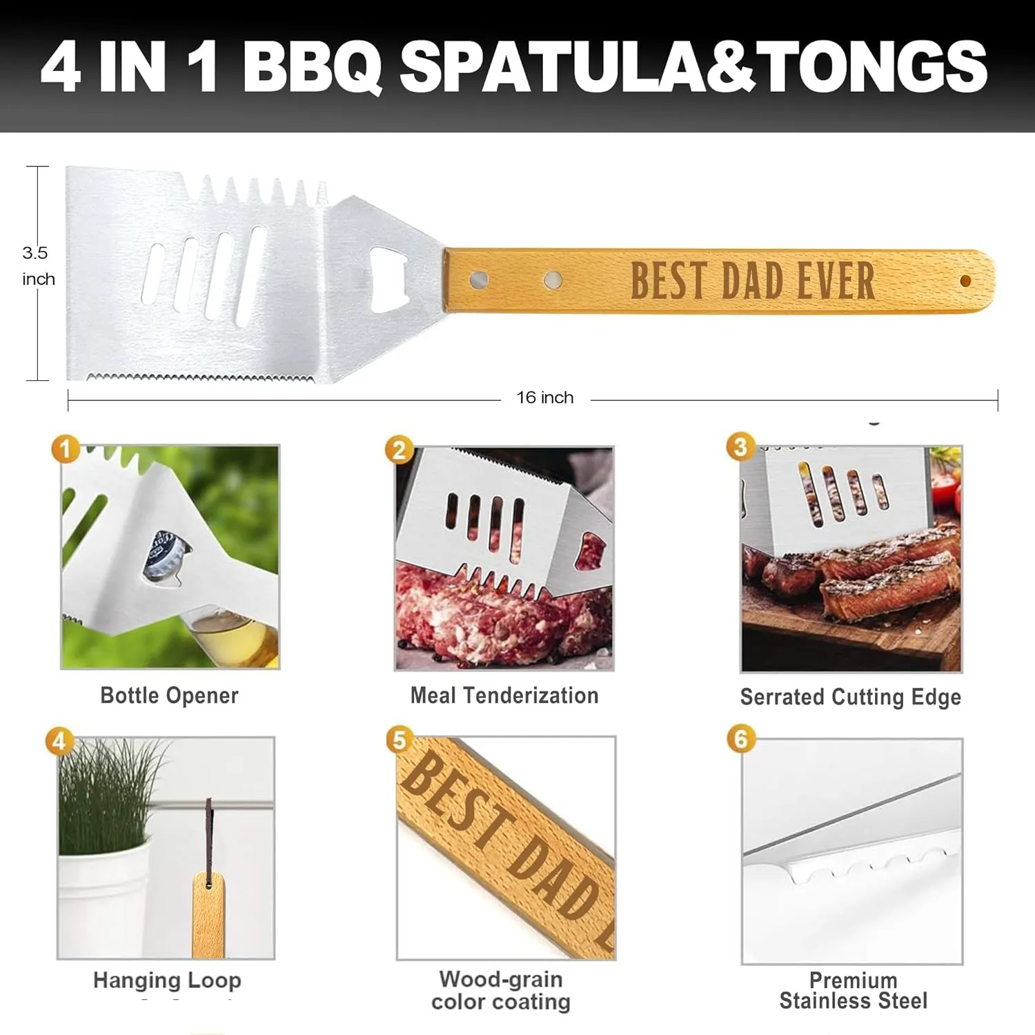 Fathers Day Dad Gifts from Daughter Son, Grilling Gift Heavy Duty Wooden BBQ Grilling Accessories Kit for Backyard, Thick Stainless Steel Grill Utensils with Non-Slip Handle Tools in Portable Bag
