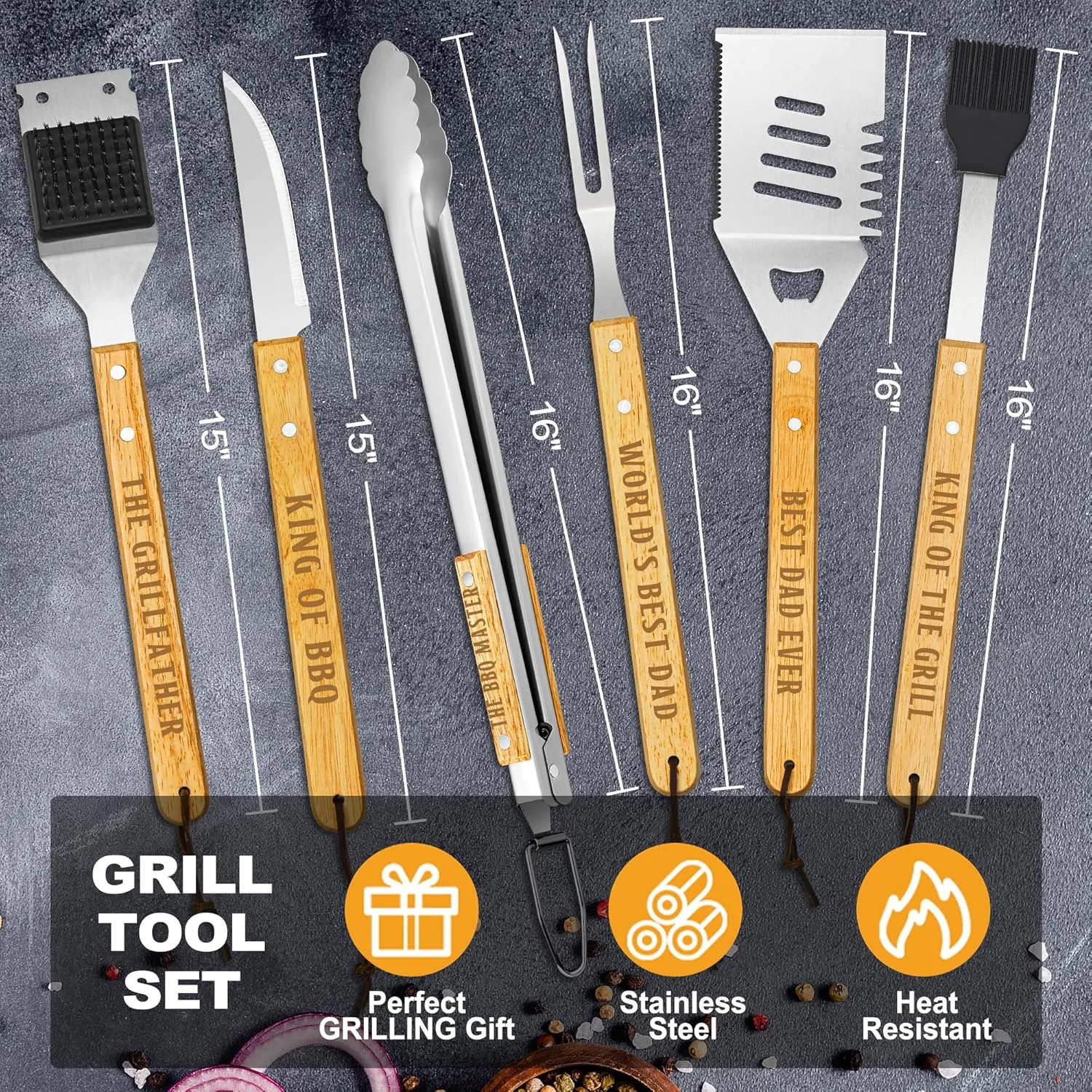Fathers Day Dad Gifts from Daughter Son, Grilling Gift Heavy Duty Wooden BBQ Grilling Accessories Kit for Backyard, Thick Stainless Steel Grill Utensils with Non-Slip Handle Tools in Portable Bag