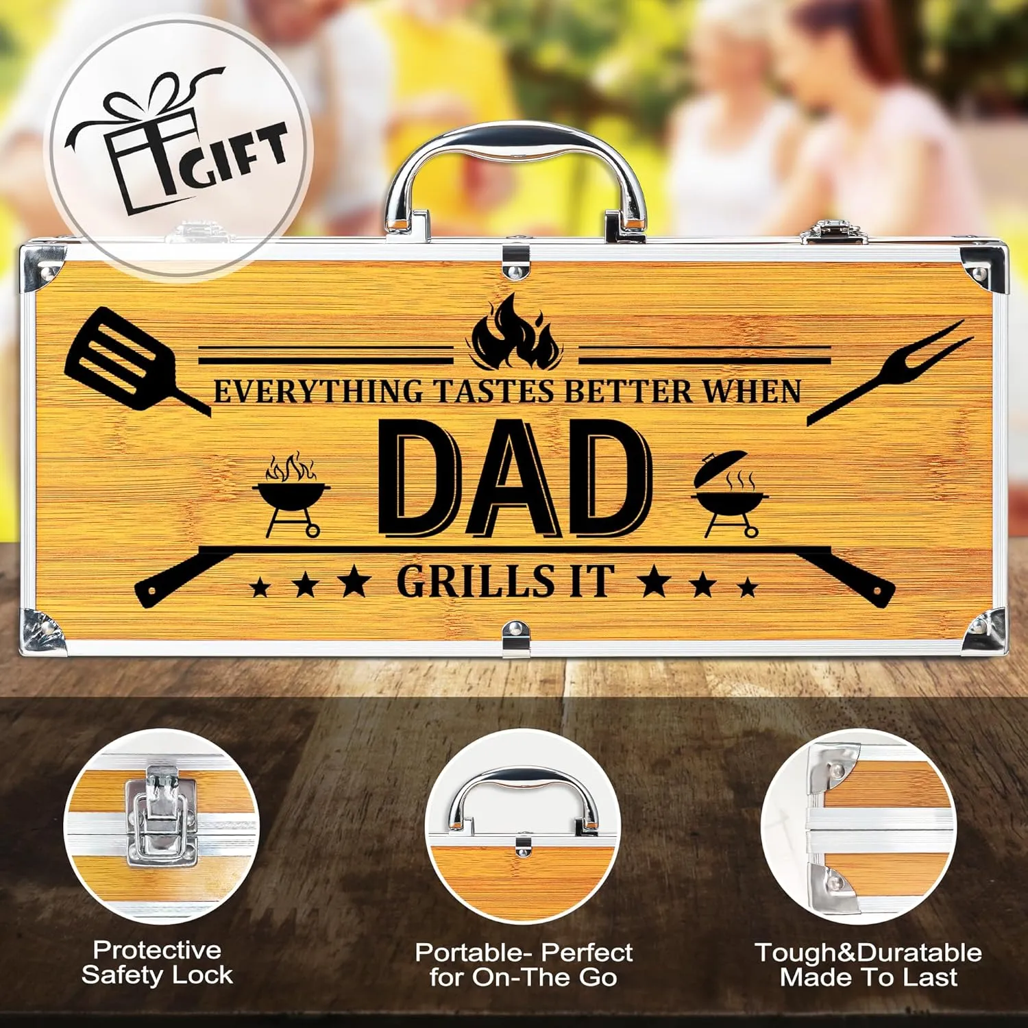 Fathers Day Dad Gifts from Daughter Son, Grilling Gift Heavy Duty Wooden BBQ Grilling Accessories Kit for Backyard, Thick Stainless Steel Grill Utensils with Non-Slip Handle Tools in Portable Bag