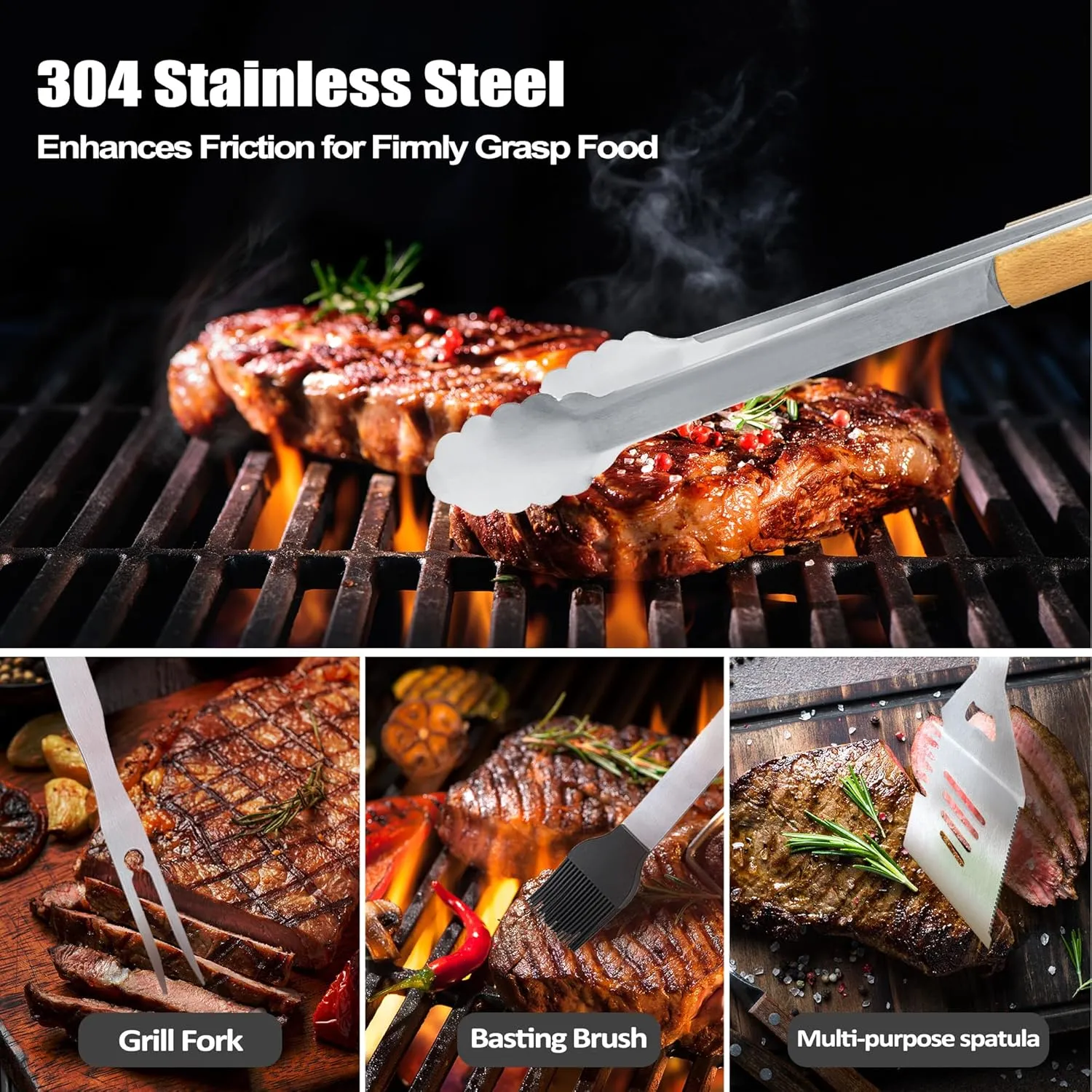 Fathers Day Dad Gifts from Daughter Son, Grilling Gift Heavy Duty Wooden BBQ Grilling Accessories Kit for Backyard, Thick Stainless Steel Grill Utensils with Non-Slip Handle Tools in Portable Bag