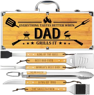 Fathers Day Dad Gifts from Daughter Son, Grilling Gift Heavy Duty Wooden BBQ Grilling Accessories Kit for Backyard, Thick Stainless Steel Grill Utensils with Non-Slip Handle Tools in Portable Bag