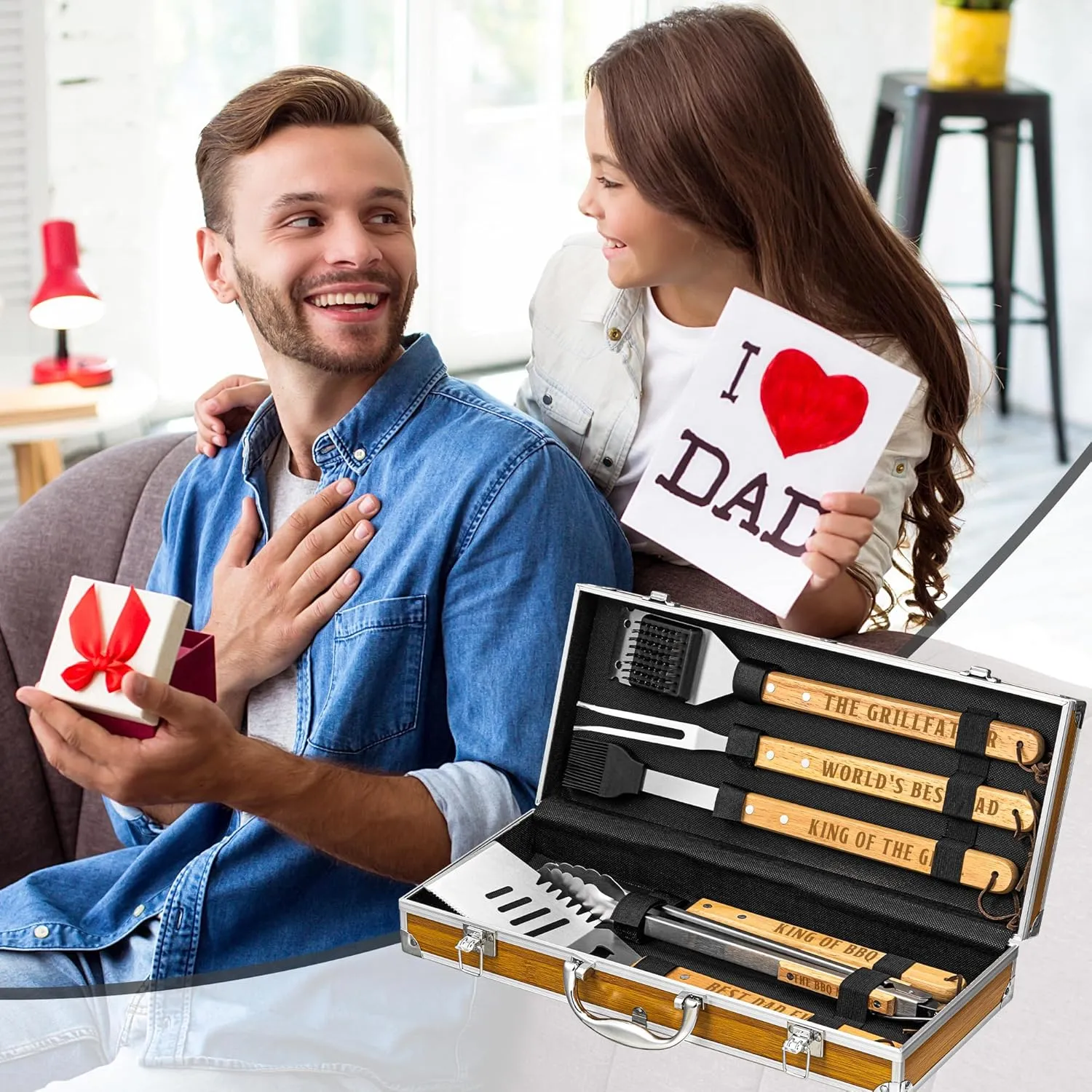 Fathers Day Dad Gifts from Daughter Son, Grilling Gift Heavy Duty Wooden BBQ Grilling Accessories Kit for Backyard, Thick Stainless Steel Grill Utensils with Non-Slip Handle Tools in Portable Bag