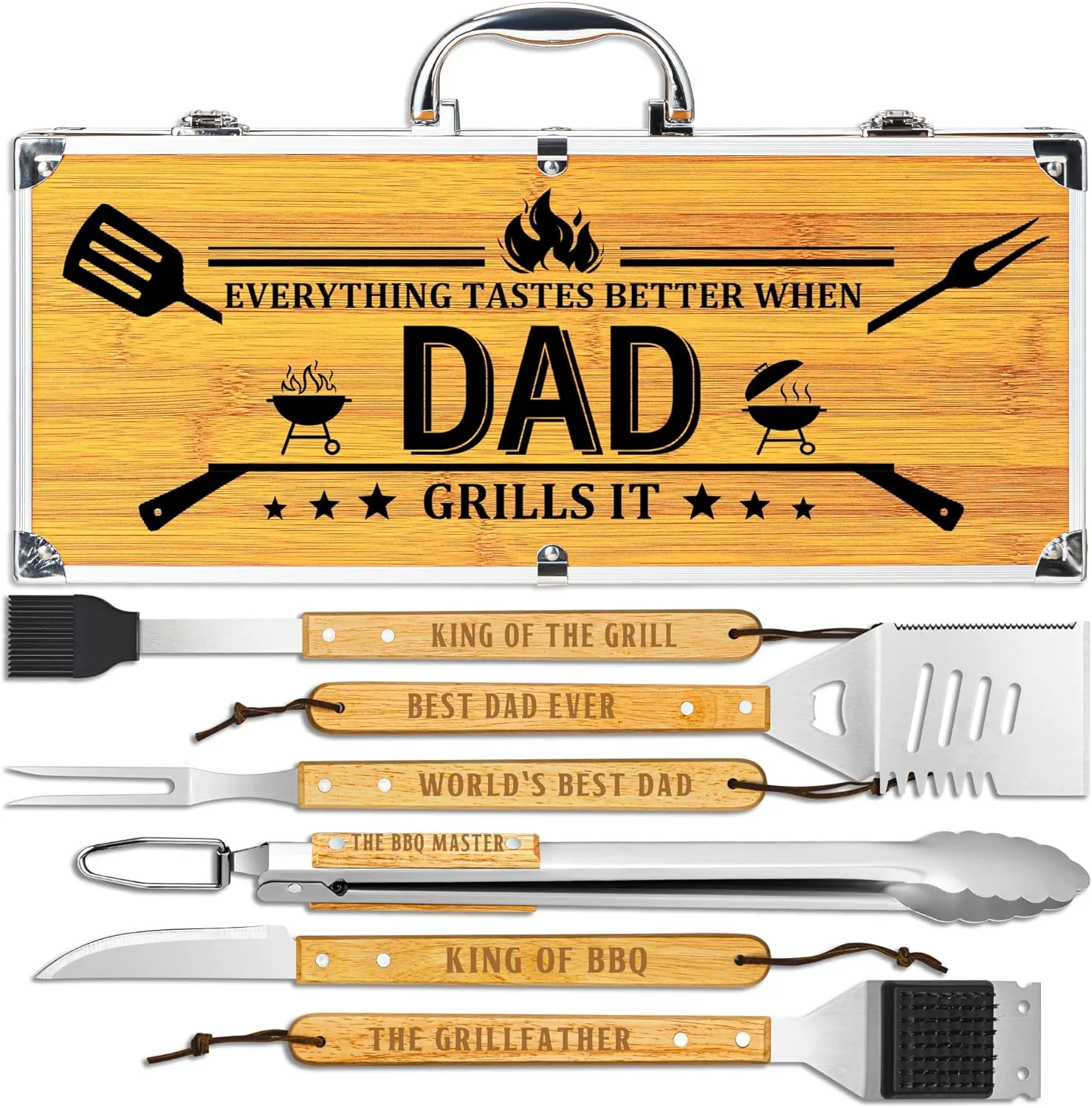 Fathers Day Dad Gifts from Daughter Son, Grilling Gift Heavy Duty Wooden BBQ Grilling Accessories Kit for Backyard, Thick Stainless Steel Grill Utensils with Non-Slip Handle Tools in Portable Bag