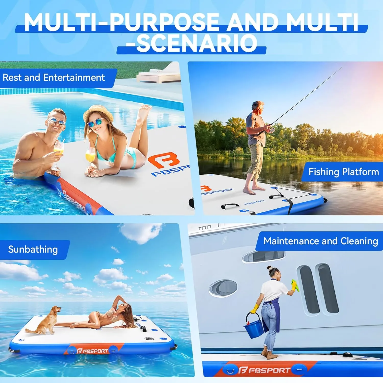 FBSPORT Inflatable Floating Dock,6ft/ 8ft/10ft Swim Air Platform Island Raft Mat with None-Slip Surface,6 Inch Thick PVC Construction,Floating Platform for Pool Beach Ocean