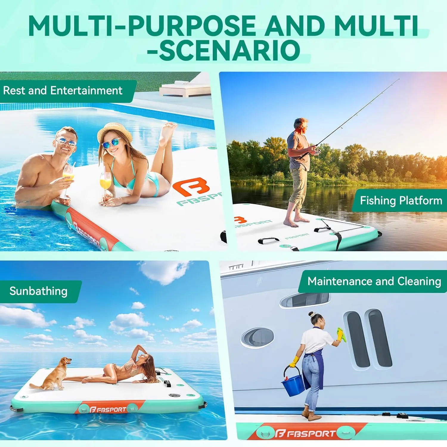 FBSPORT Inflatable Floating Dock,6ft/ 8ft/10ft Swim Air Platform Island Raft Mat with None-Slip Surface,6 Inch Thick PVC Construction,Floating Platform for Pool Beach Ocean