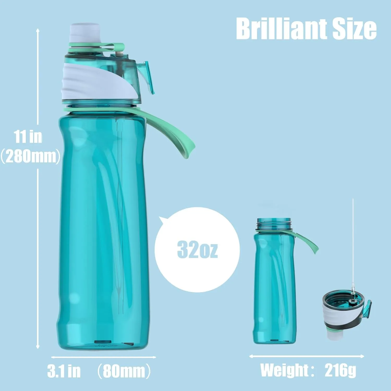 FEIJIAN Mist & Sip Water Bottle, 32oz - BPA-Free, Leakproof & Lightweight, Ideal for Fitness & Outdoor, Blue