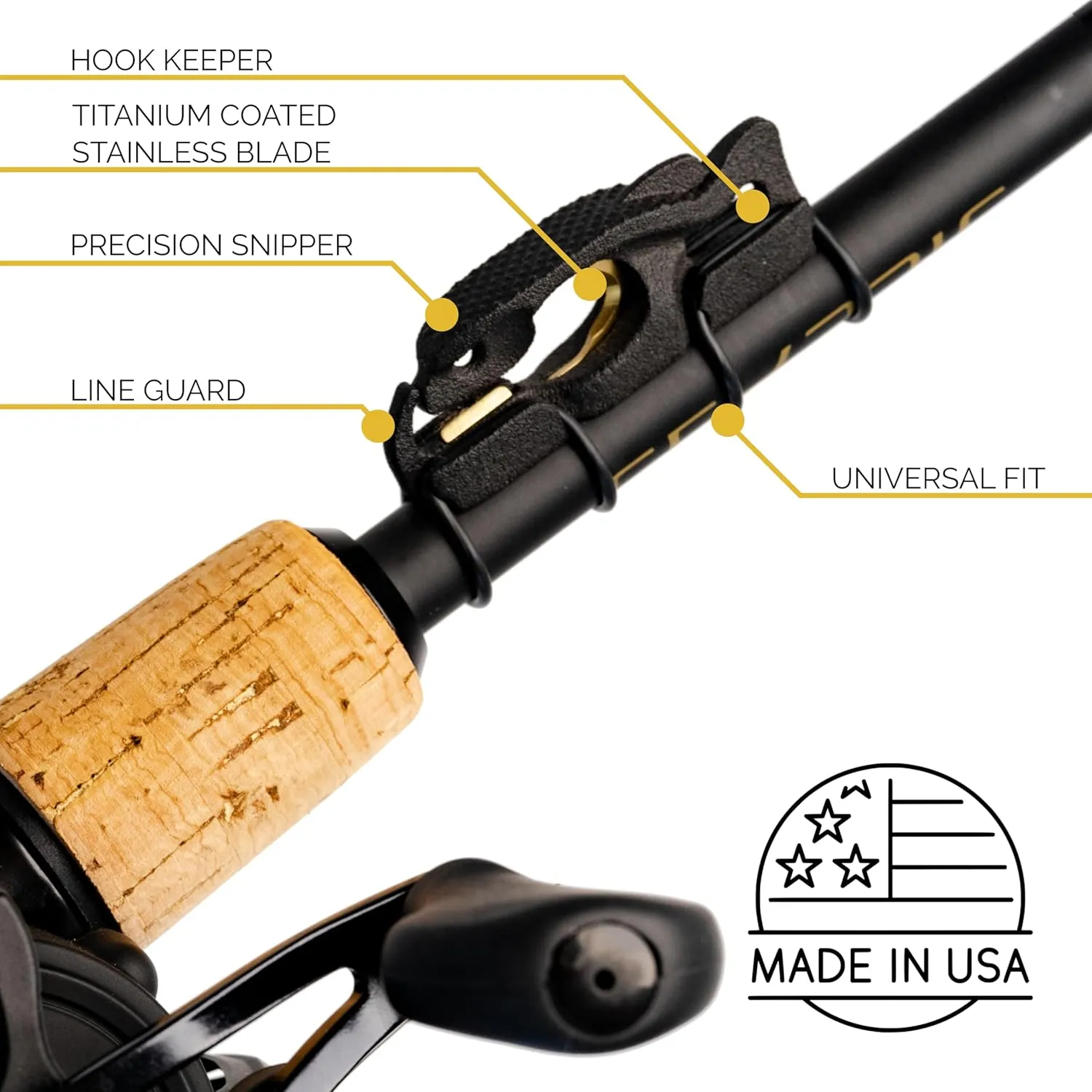 FinMan Multitool & Stow | Rod Mounted Line Cutter & Hook Keeper for Tackle Changes | Prevent Tangles, Keep Hooks Safe and Sharp, and Secure Weights | Easy to Install & Made in The USA