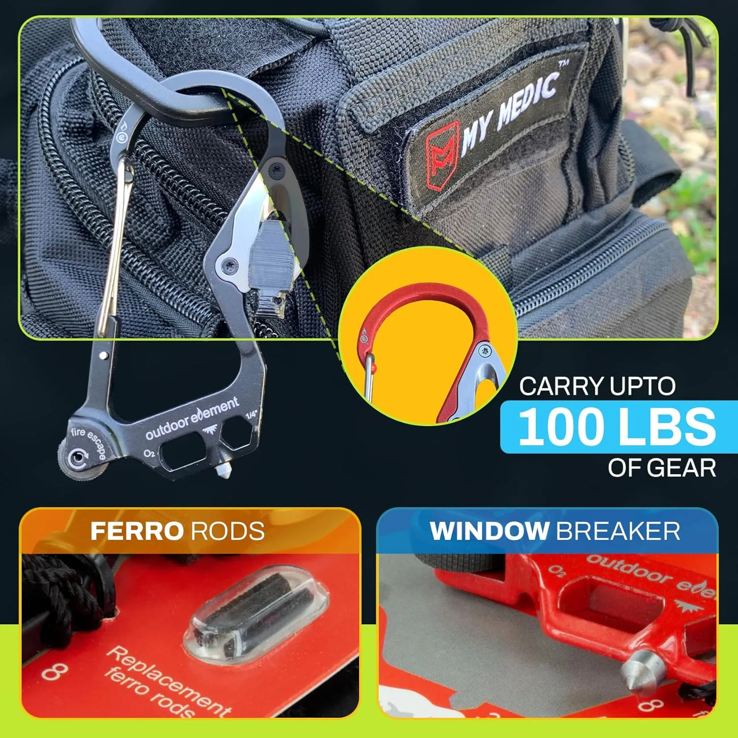 Fire Escape, Emergency Escape Tool, Seatbelt Cutter, Window Breaker, Multi Tool, Fire Starter, Carabiner, and Much More