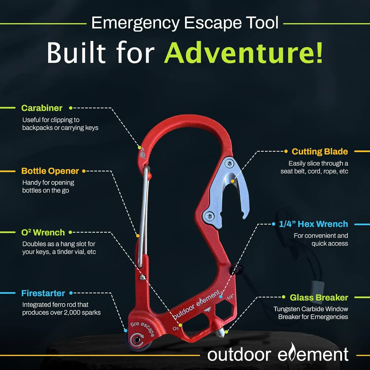 Fire Escape, Emergency Escape Tool, Seatbelt Cutter, Window Breaker, Multi Tool, Fire Starter, Carabiner, and Much More