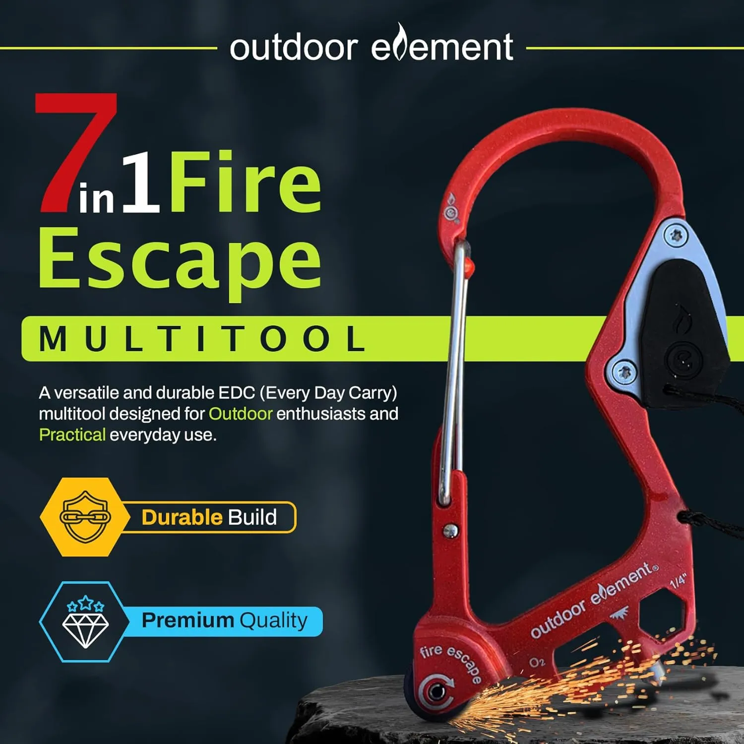 Fire Escape, Emergency Escape Tool, Seatbelt Cutter, Window Breaker, Multi Tool, Fire Starter, Carabiner, and Much More
