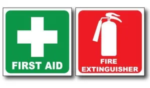 First aid and fire extinguisher sticker for vehicles and windows, signs