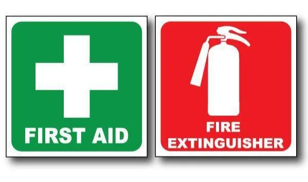 First aid and fire extinguisher sticker for vehicles and windows, signs