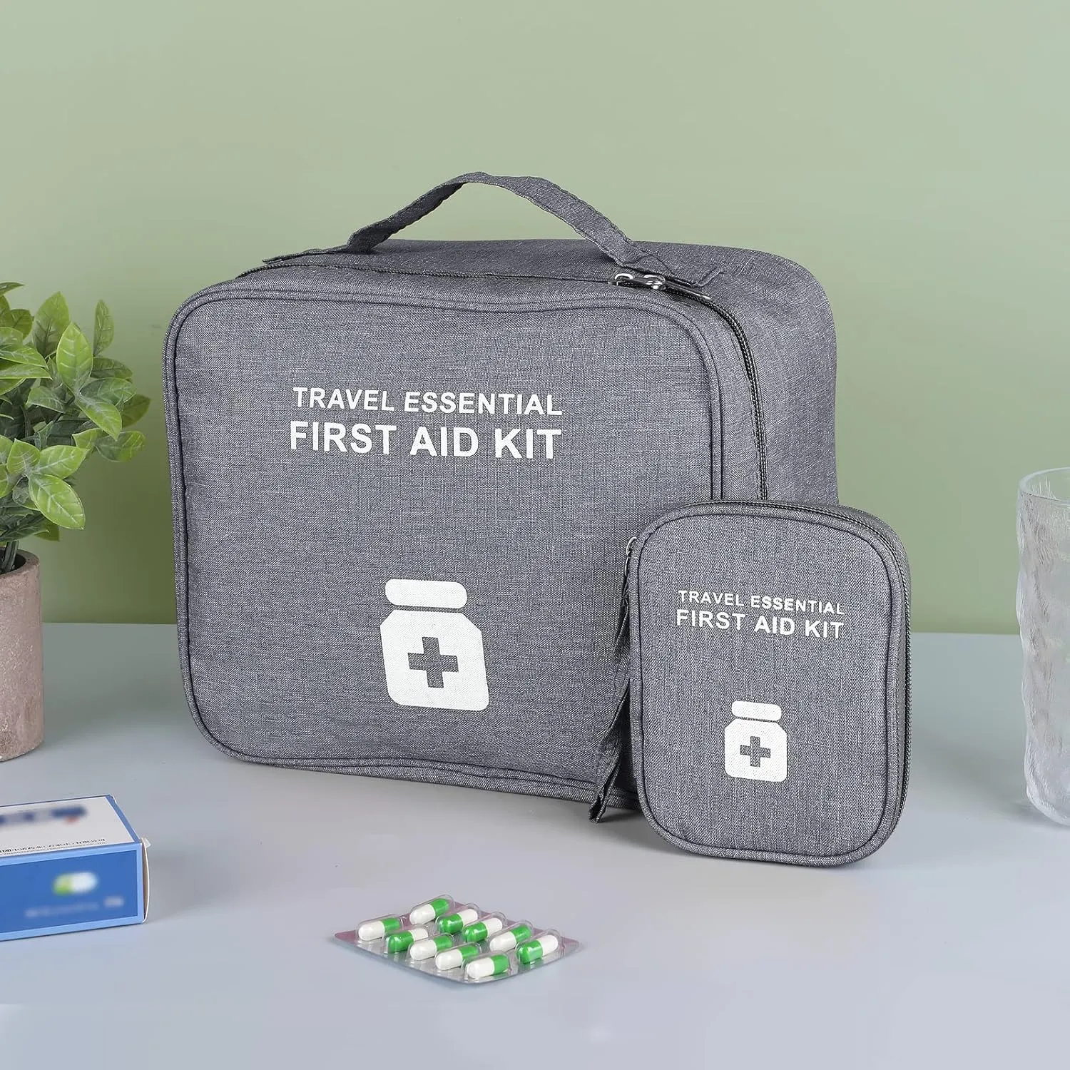 First Aid Bag Empty, Emergency Medic Trauma Bag, Medicine Bag for Traveling Home Hiking Camping Car Office (Large and Small, Cationic Grey)
