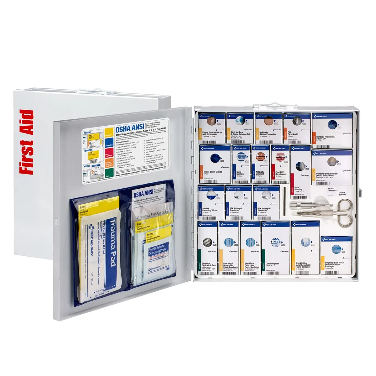 First Aid Only 746006 SmartCompliance 50-Person ANSI 2021 A and OSHA Compliant First Aid Kit for Restaurant Kitchen, Cafeteria, and Other Food Service Venues, Large Metal First Aid Cabinet