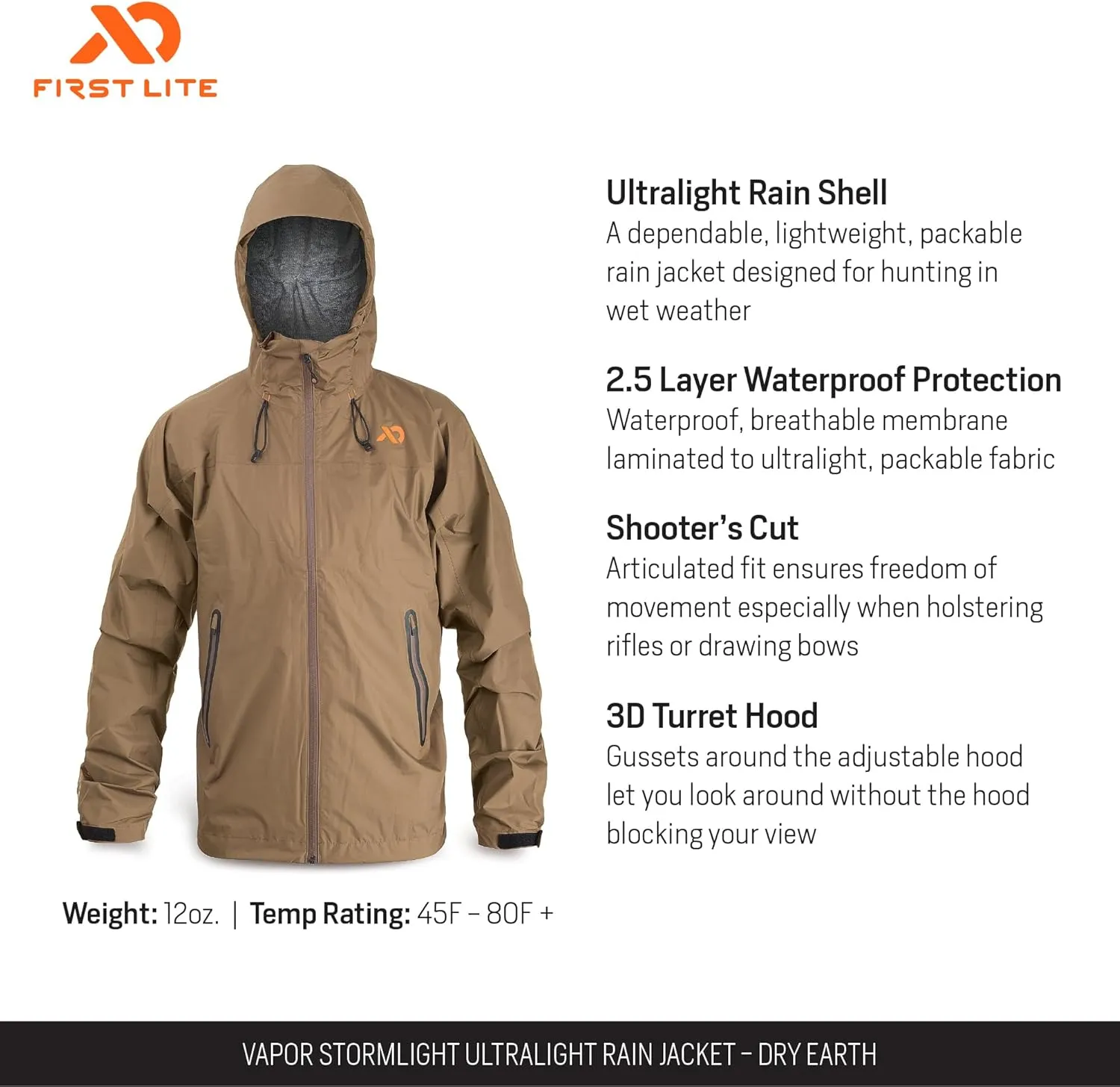 First Lite Men's Vapor Stormlight Ultralight Rain Jacket - Waterproof Breathable Camo Hunting Coat
