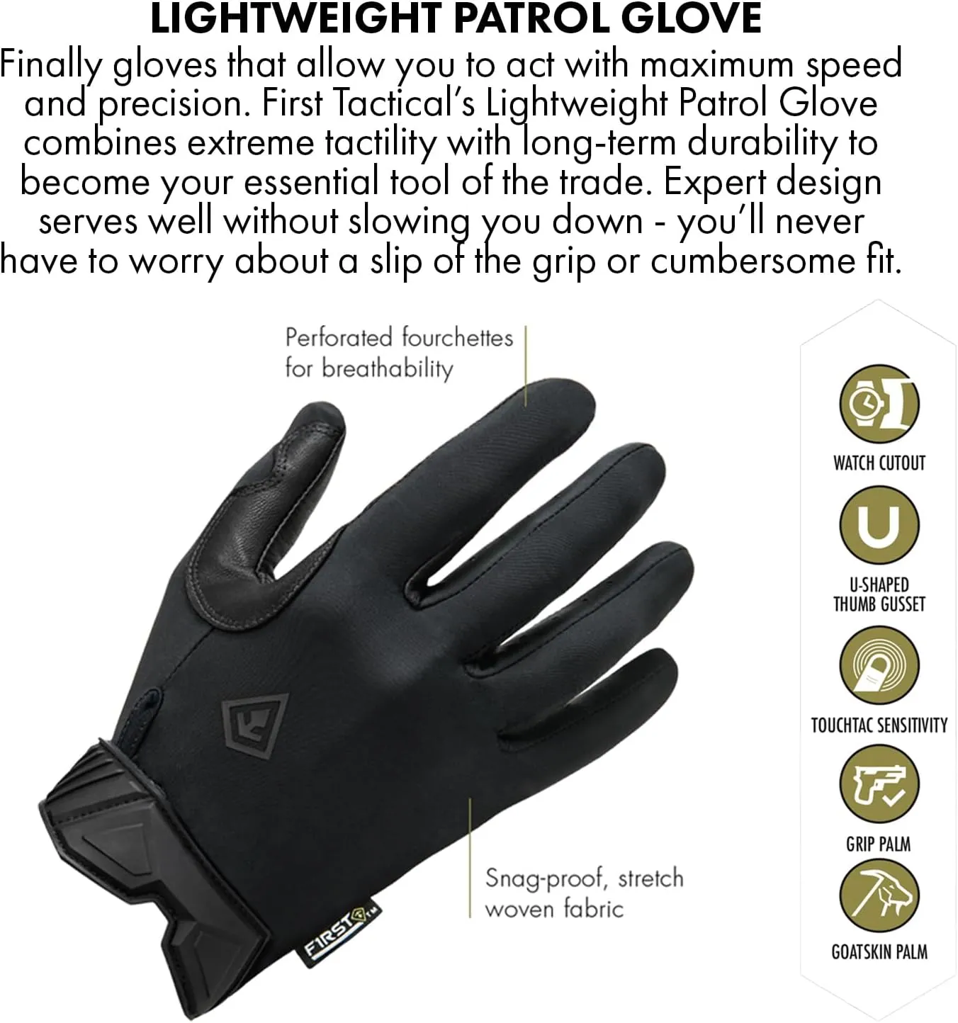 First Tactical Men’s Lightweight Patrol Glove | Skin Tight Goatskin Palm with Touchscreen Capability